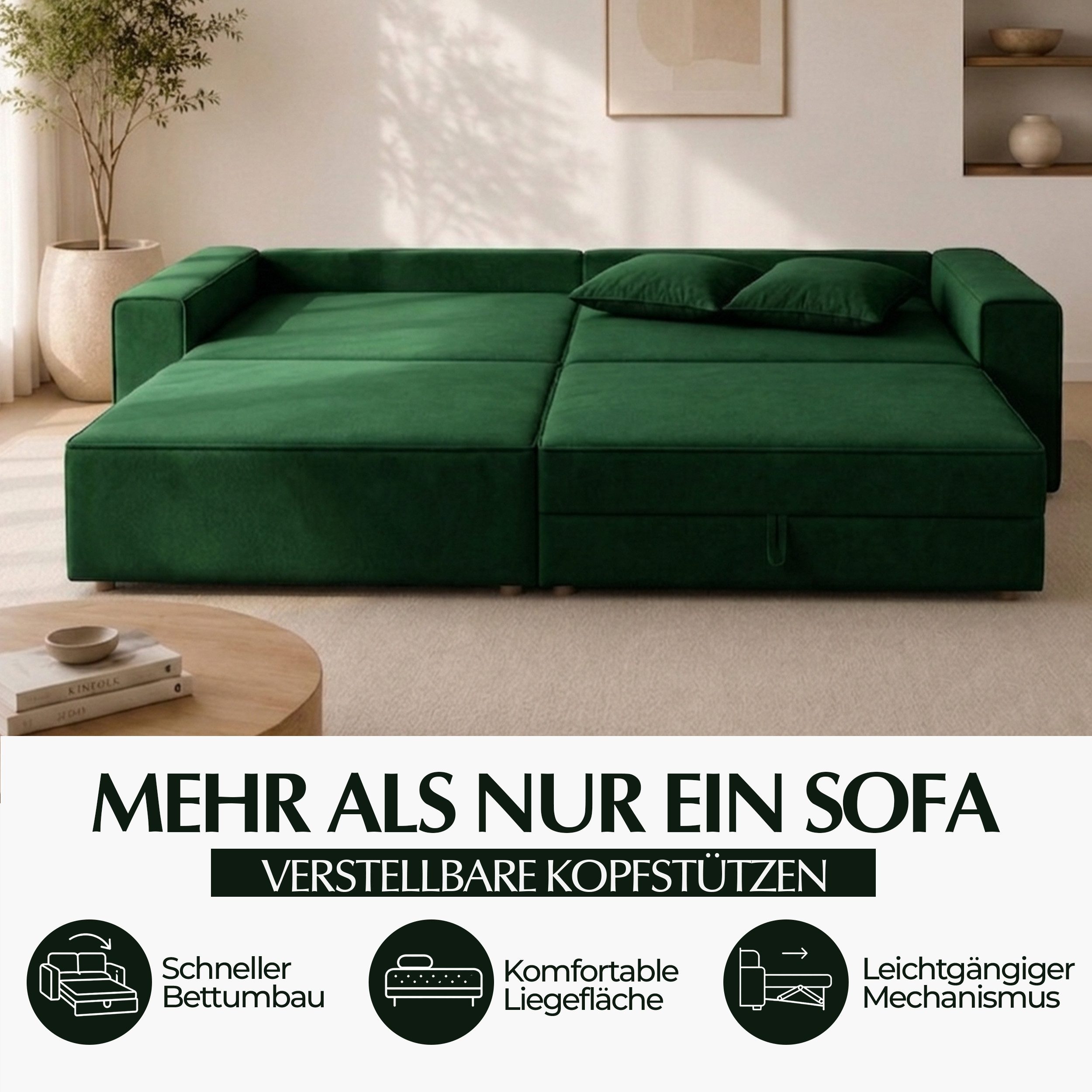 Goldstoff Ecksofa mit Schlaffunktion - Designersofa, Sofa mit Bettfunktion & Bettkasten, Schlafsofa RIVIA, multifunktionale Couch mit verstellbaren Kopfstützen in dunkelgrün