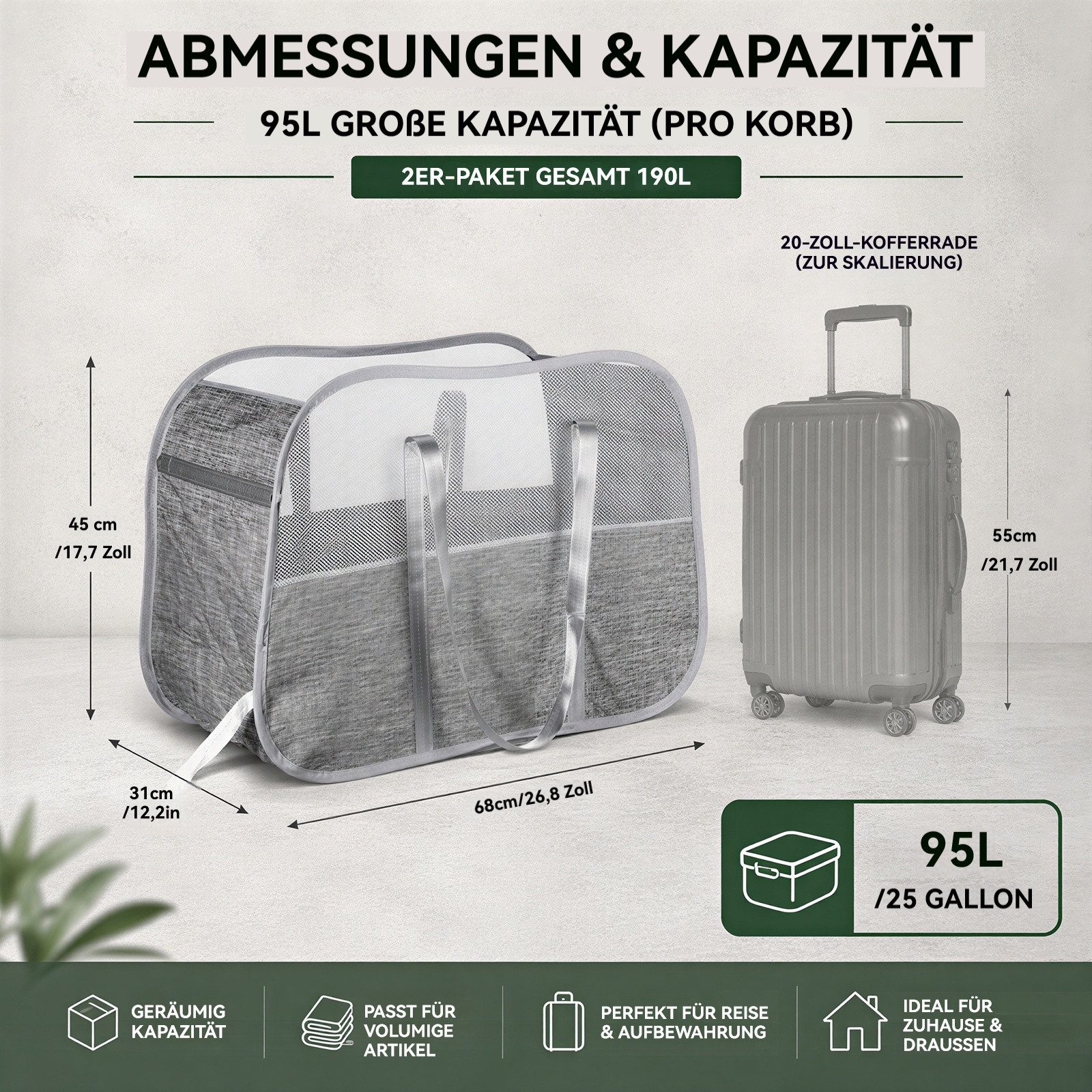 BlingBin Wäschekorb 2 Stück Faltbarer Wäschetonne, Atmungsaktiver Wabennetz-Wäschekörbe (2 Stück, 2 St., 45 × 68 × 31 cm, 95L Aufbewahrungskorb), Platzsparender – Bild 4 von 5