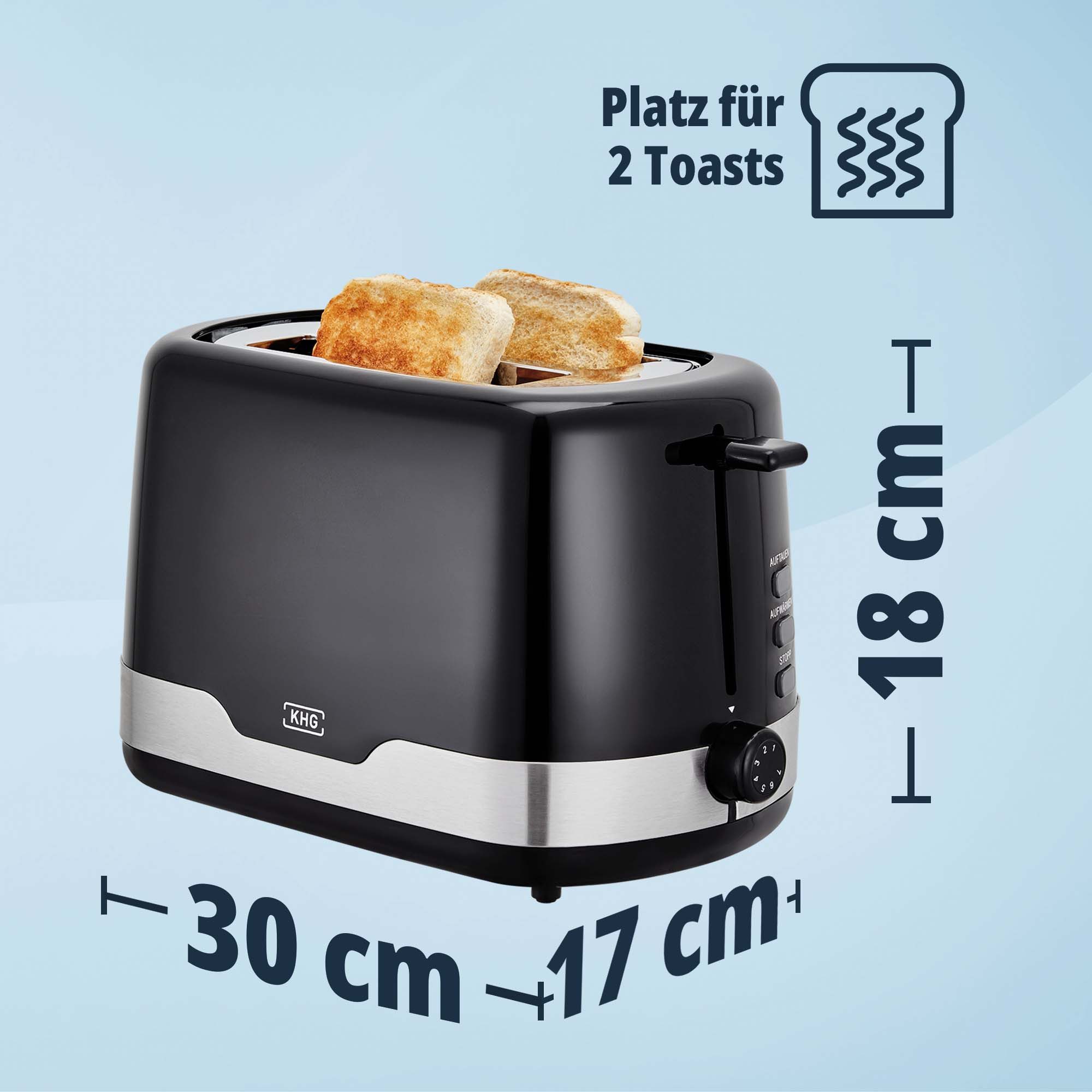 KHG Toaster Schwarz, Auftau- und Aufwärmfunktion, 7 stufenlose Bräunungsstufen, 2 kurze Schlitze, für 2 Scheiben, 850 W, Edelstahl, Brötchenaufsatz, Krümelschublade