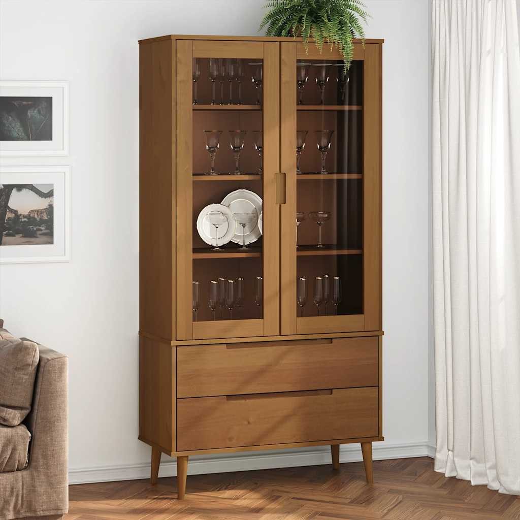 furnicato Vitrine Vitrinenschrank Massivholz 90 x 35 x 175 cm Braun (1-St) Stauraumreiches Bücherregal mit 2 Schubladen und Glastüren