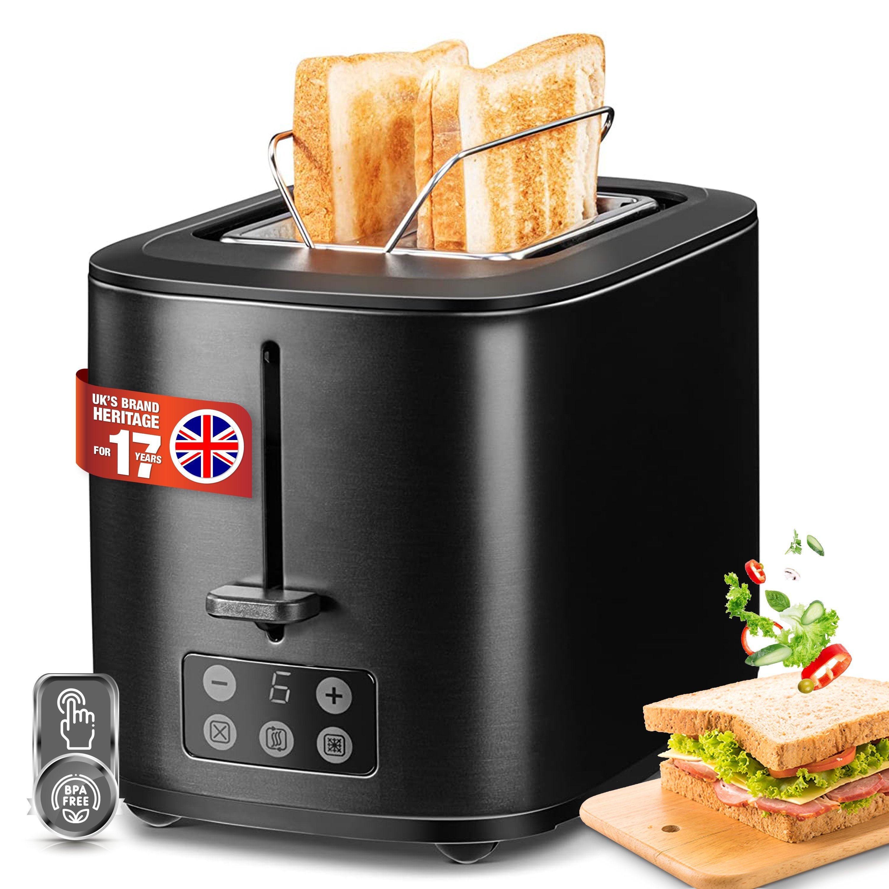 Linsar Toaster 6 Bräunungsstufen, Krümelschublade, integrierter Brötchenaufsatz, 2 kurze Schlitze, für 2 Scheiben, Brötchen Aufsatz