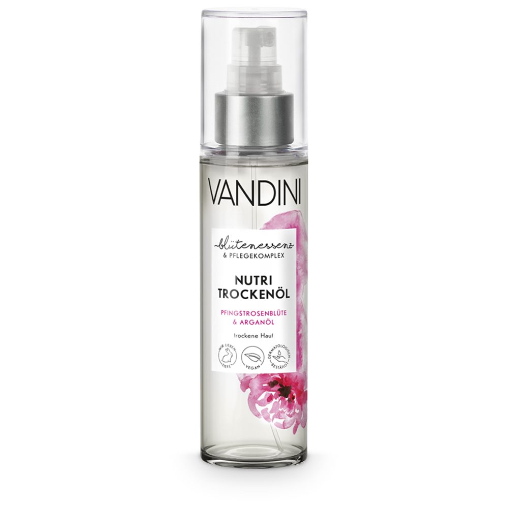 Damen Hautpflege VANDINI Körperöl Nutri Trockenöl Spray mit Pfingstrosenblüte & Arganöl - Bodyöl Damen für trockene Haut - vegan
