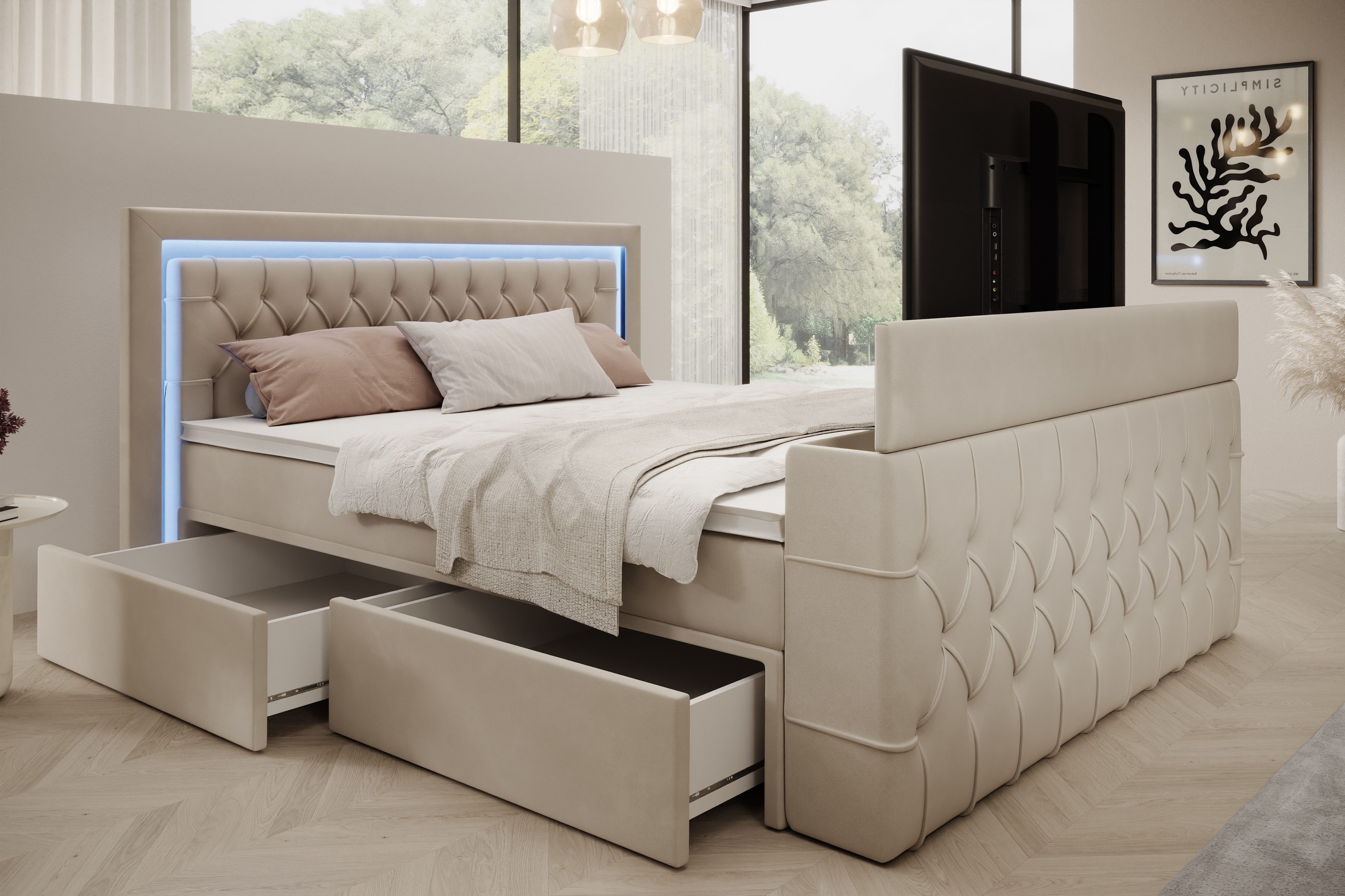 PROMETO Möbel Boxspringbett Doppelbett 180x200 mit Matratze, Schubladen TV-Lift LED Beleuchtung, inkl. 7-Zonen-Taschenfederkernmatratze, TV-Lift im Fußteil, Top – Bild 5 von 5