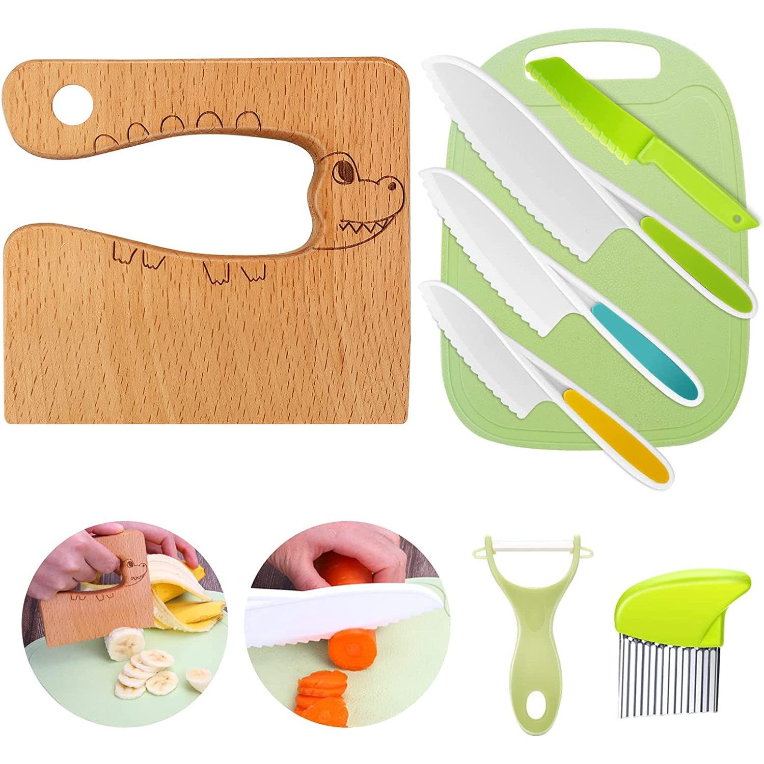 TUWENA Kinderkochmesser Kinder Küchenmesser-Set mit Holzmesser, Schneidebrett und Schäler