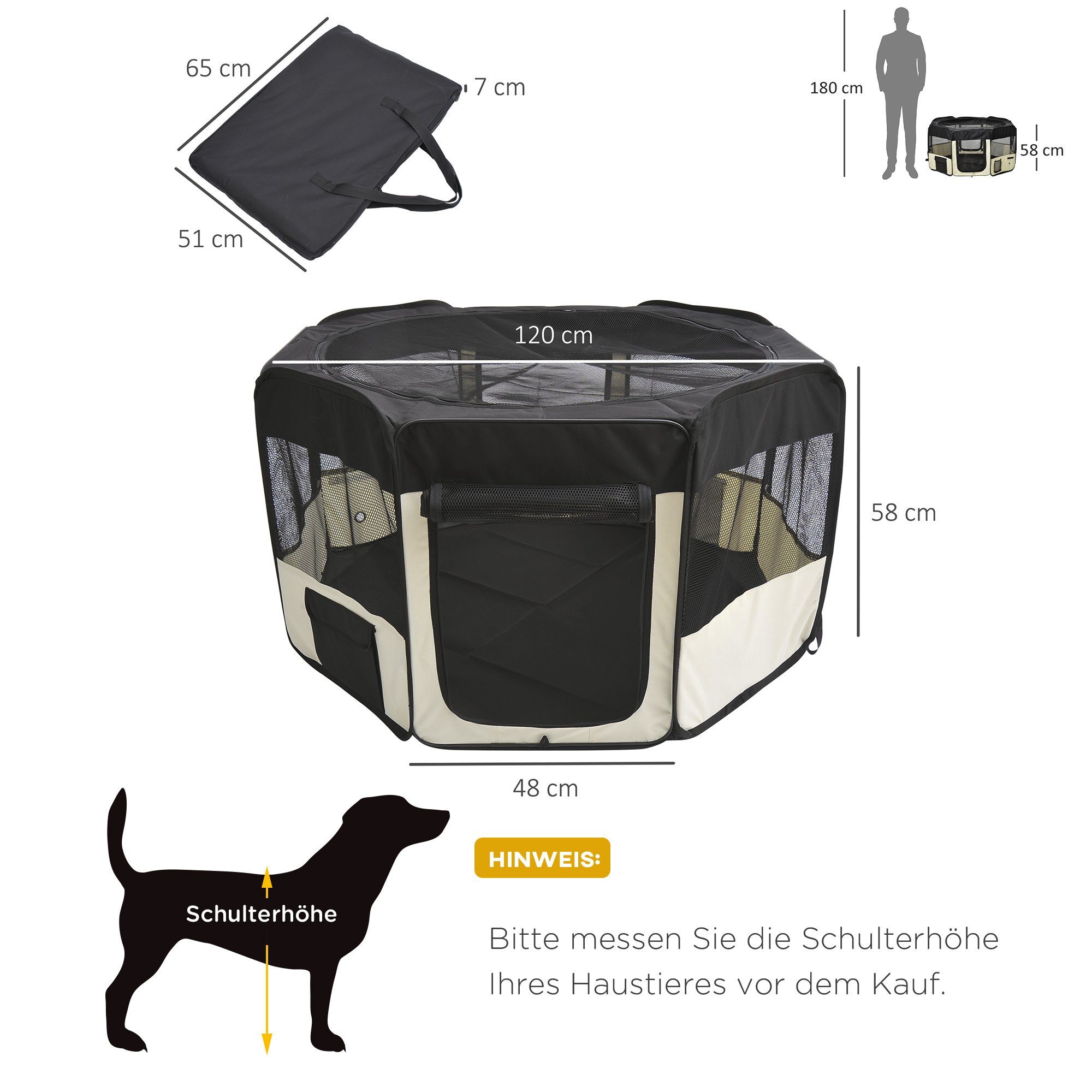 PawHut Freigehege Freilaufgehege Laufstall Welpen-Laufstall, Oxford Schwarz+Creme Weiß Ø120 x 58 cm