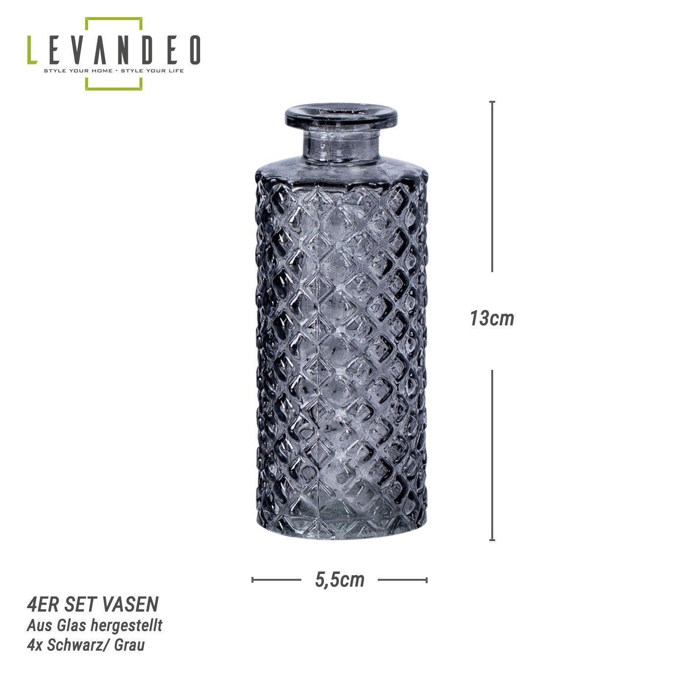 Levandeo® Dekovase, 4er Set Vase Schwarz Grau H13cm Glas Blumenvase Tischde günstig online kaufen