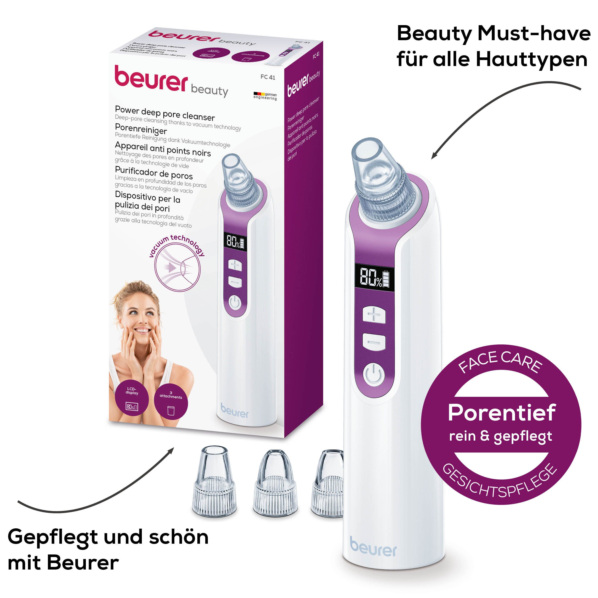 BEURER Porenreiniger FC 41 Mitesserentferner durch Vakuumtechnologie, 5 Intensitätsstufen und 3 Aufsätze für eine individuelle Anwendung