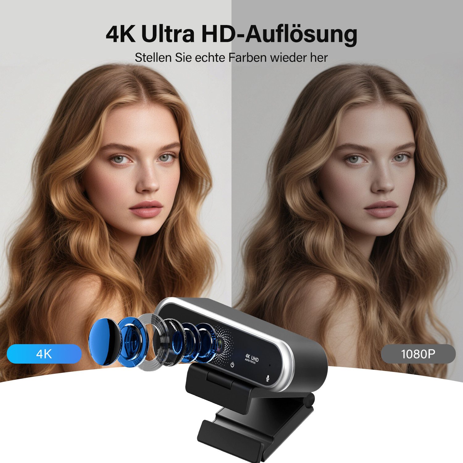 CkeyiN Pro Webcam 4K,PC Kamera mit Objektivabdeckung,75°FOV,Autofokus Webcam (Zwei Mikrofone mit Geräuschunterdrückung,360°-Drehung, 180° verstellbarer Ständer,für PC/Laptop/Windows/Mac)
