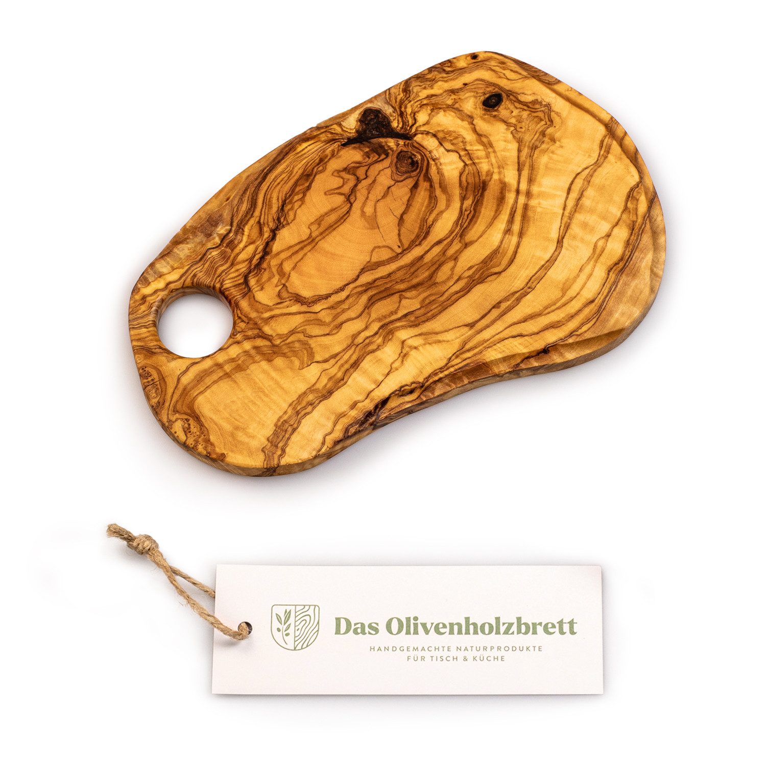 dasOlivenholzbrett Servierbrett Brotzeitbrett aus Olivenholz im Naturschnitt mit Loch