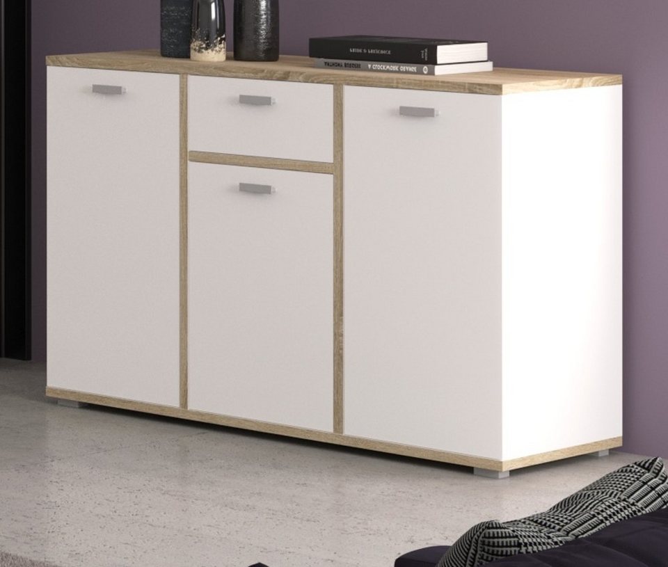 xonox.home Sideboard Cosmo (Kommode in weiß mit Sonoma Eiche, 3-türig, 120  x 84 cm), mit Soft-Close, Als Solist, oder kombiniert mit weiteren Möbeln  aus der Serie XonoX Cosmo