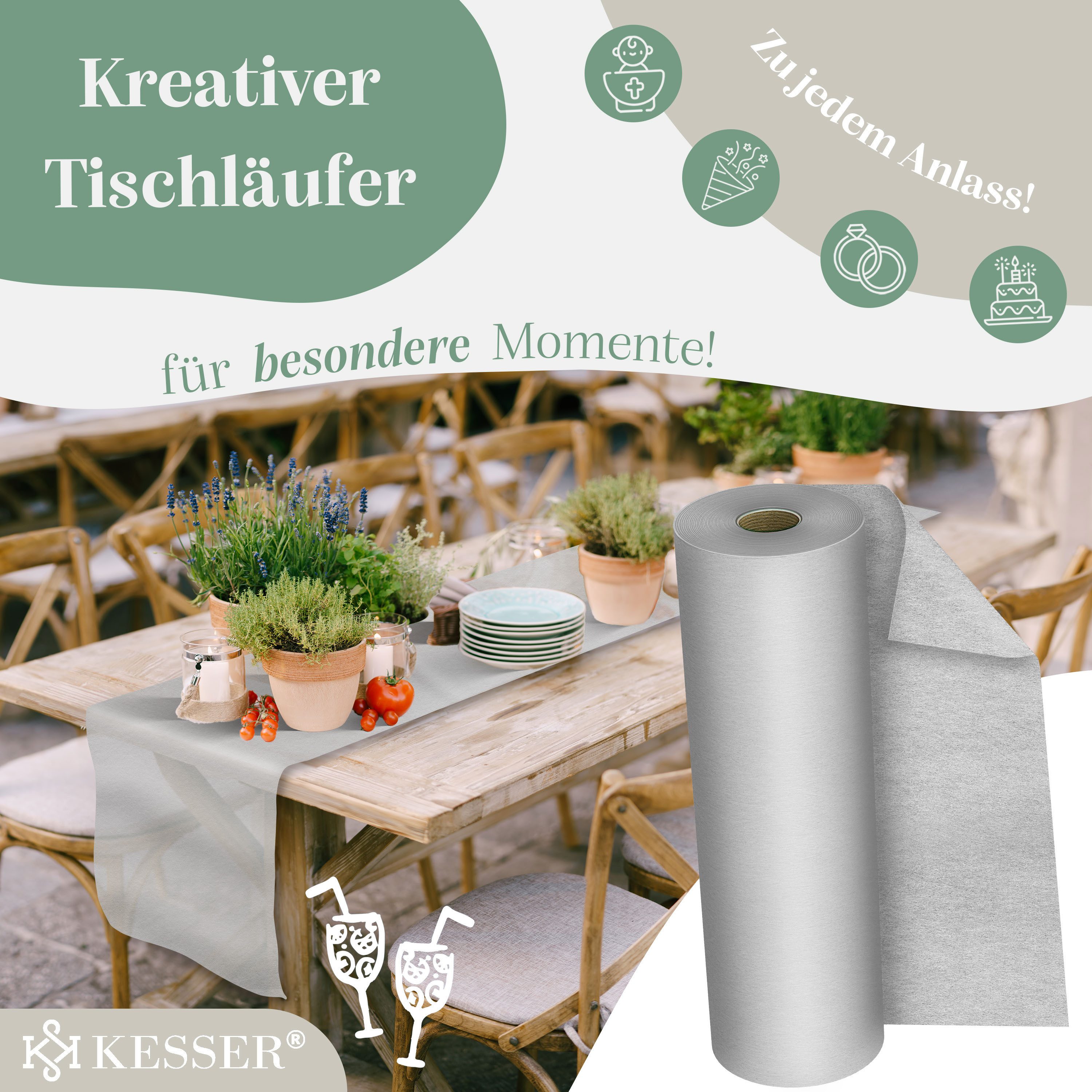 KESSER Tischläufer 25 m × 30 cm, wasserabweisend & abwaschbar, 30 g/m², anpassbare Vlies-Tischdekoration – für Feste aller Art geeignet