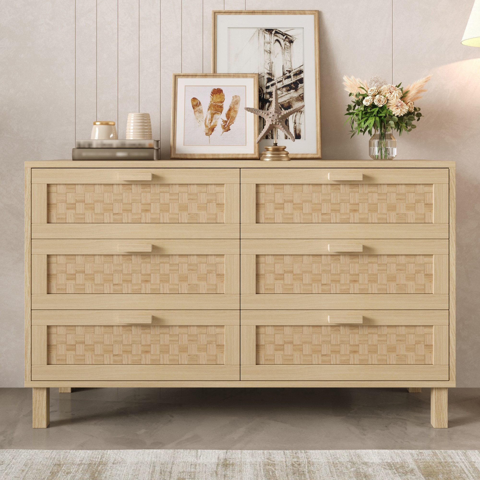 IDEASY Sideboard Sideboard Naturholz 6 Schubladen Rattanoptik