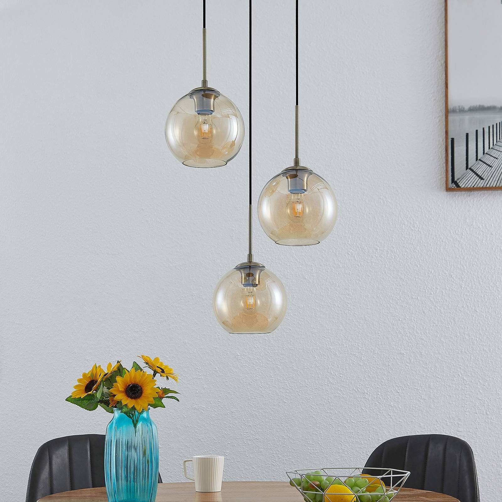 Modern, dimmbar, Hängeleuchte flammig, Glas, amber, Deckenlampe E27, Lindby 3 Stahl, Jurian, inklusive, altmessing, nicht Leuchtmittel