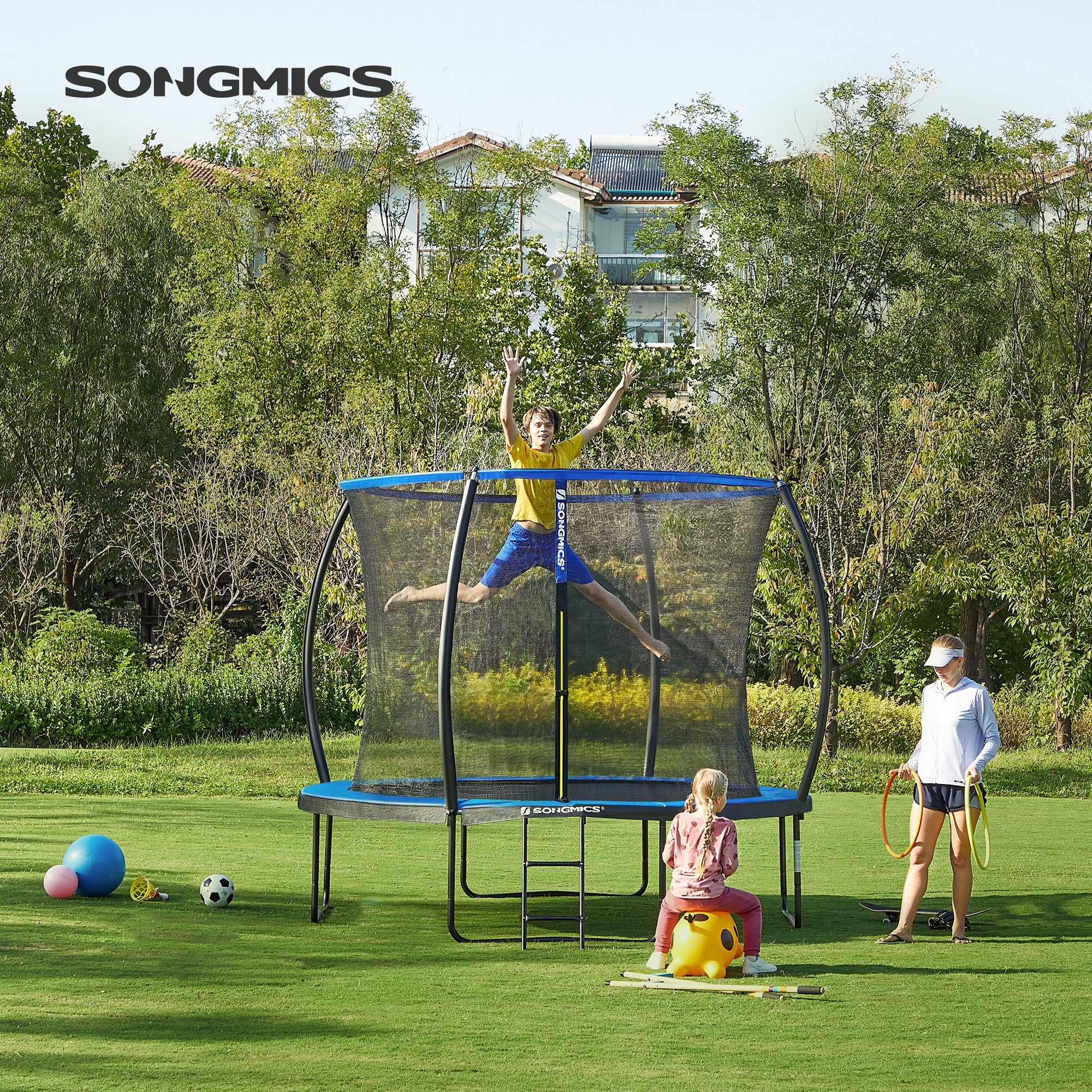 SONGMICS Gartentrampolin Ø 244/305/366/427 cm, Ø 305 cm, bis zu 80-150 kg belastbar, Trampolin mit Leiter und Sicherheitsnetz