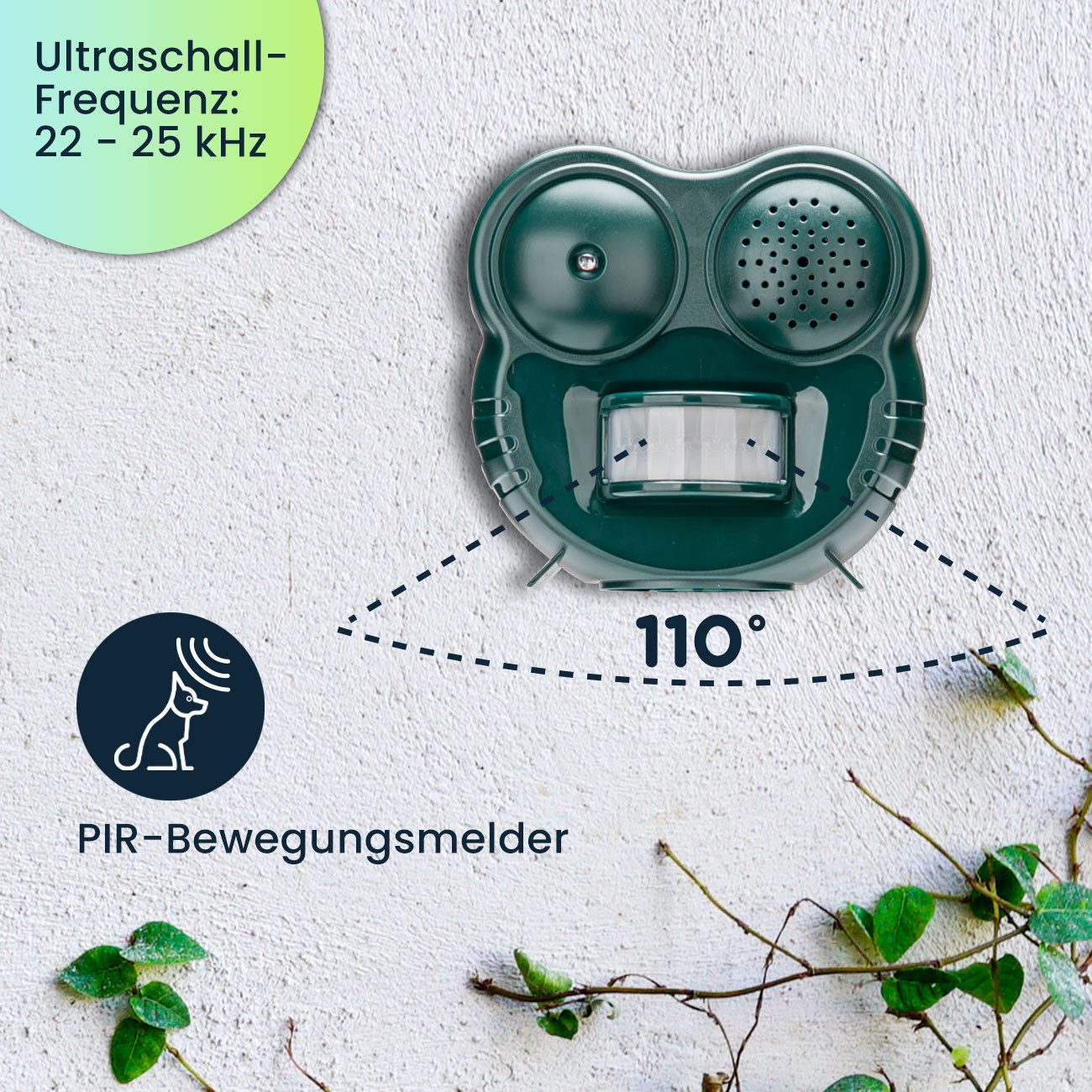 Casativo Ultraschall-Tierabwehr Tiervertreiber LED-Blitzlicht & PIR-Sensor 70 m² 2in1 Tierschreck, 2-tlg., PIR-Sensor 110° Winkel ca. 8 m Reichweite, Licht & Ultraschall