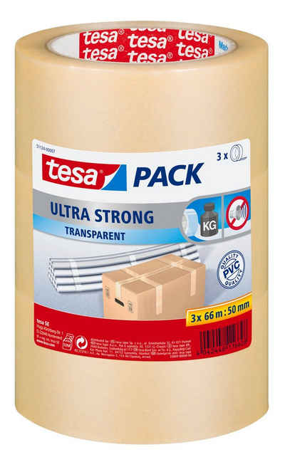 tesa Klebeband tesapack ULTRA STRONG extra starkes Paketklebeband (Spar-Set, 3-St) Packband - einfaches Verpacken & Verschließen - transparent