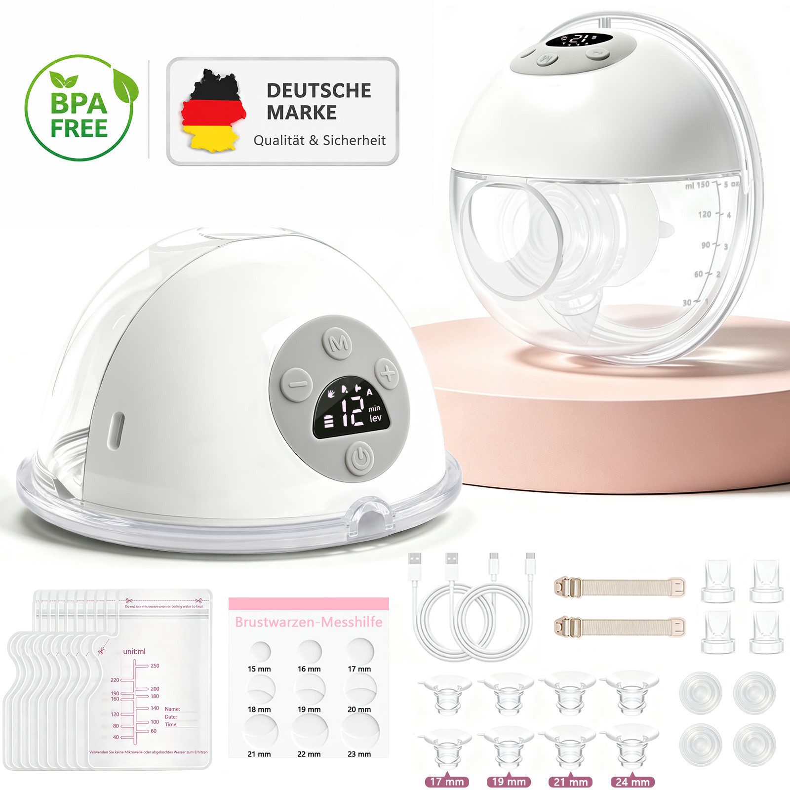 SWGOTA Elektrische Milchpumpe 2er-Pack Freihändige und tragbare Milchpumpe für Neumütter & Stillende, 2400mAh BPA-freies PPSU mit Babymund-Technik & Doppelabdichtung, 4 Modi & 12 Stufen, inkl. 17/19/21/24 mm Flanschen (2 Stück)