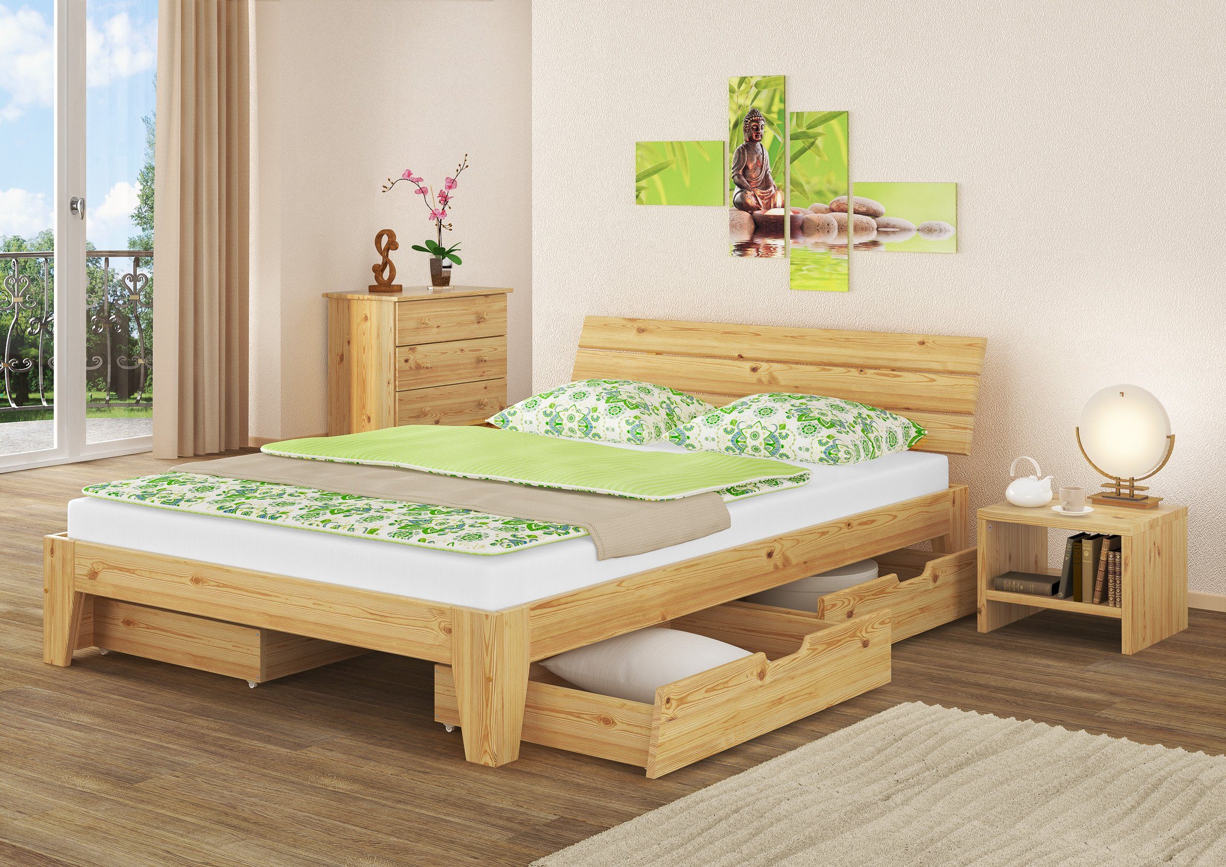 ERST-HOLZ massiv wählbar, Echtholzbett Kieferfarblos Kiefer Zubehör natur lackiert Bett Doppelbett