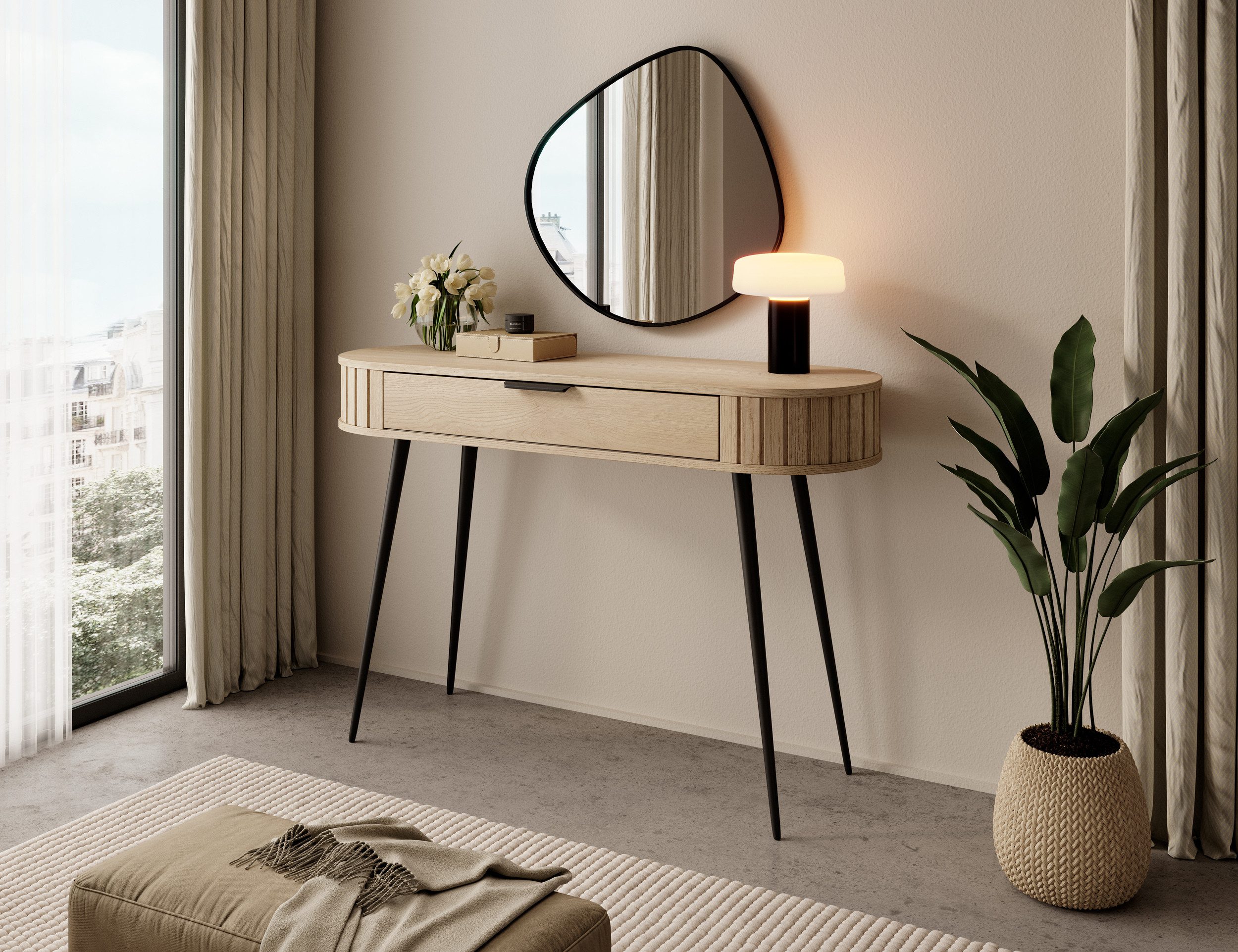 MOEBLO Schminktisch NOLI (aus Eiche Cremona – Design-Fronten mit strukturierter Oberfläche, abgerundete MDF-Seitenteile, Push-to-Open-Schubladen, natürliche Holzstruktur und skandinavischer Stil für modernes Schlafzimmer Frisiertisch, Schminktisch, Kosmetiktisch), (BxHxT): 120 x 80,2 x 40,2 cm