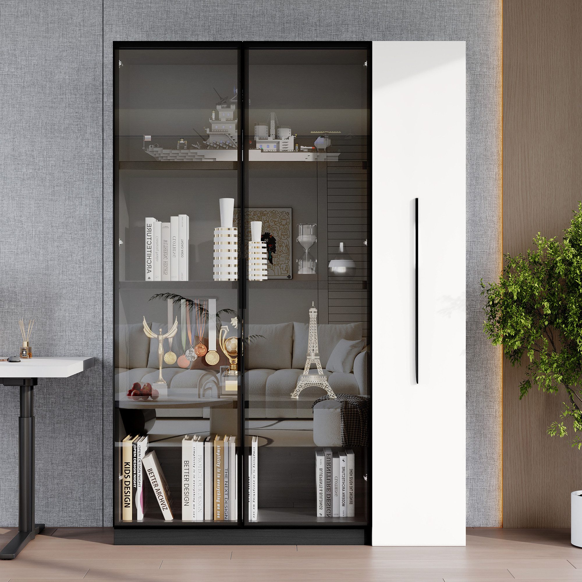 REDOM Vitrine 2-in-1 Schrank mit LED-Beleuchtung (Badezimmerschrä,Esszimmerschrank, 1-St., 160 cm hoch) mit Glastür und LED, Seitenauszug