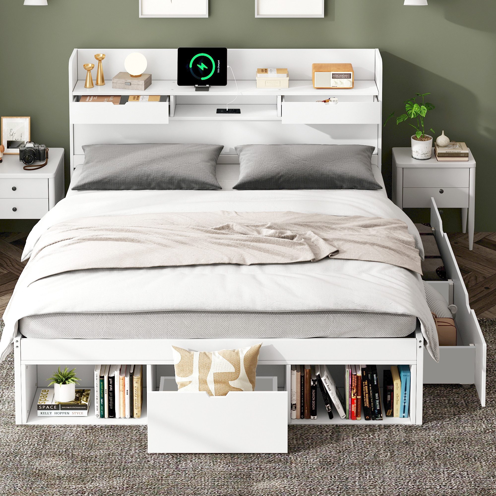 Flieks Holzbett, Doppelbett 140x200cm mit USB-Laden & Schubladen & Stauraumfächer
