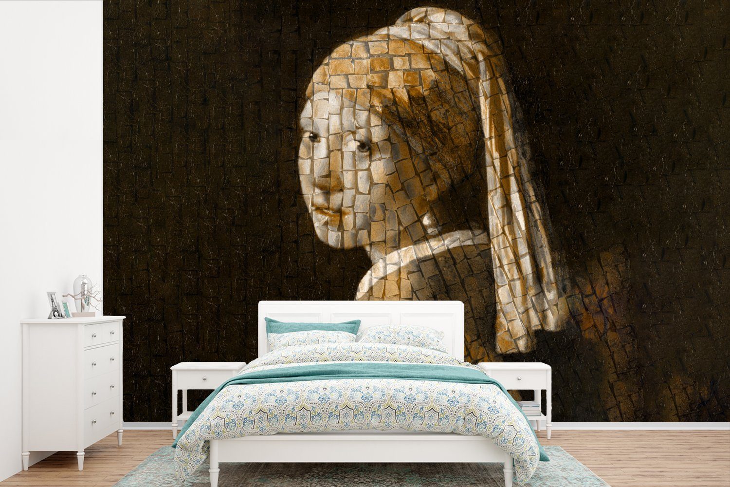 MuchoWow Fototapete Mädchen mit Perlenohrring - Vermeer - Mosaik, Matt, bedruckt, (6 St), Wallpaper für Wohnzimmer, Schlafzimmer, Kinderzimmer, Vinyl Tapete