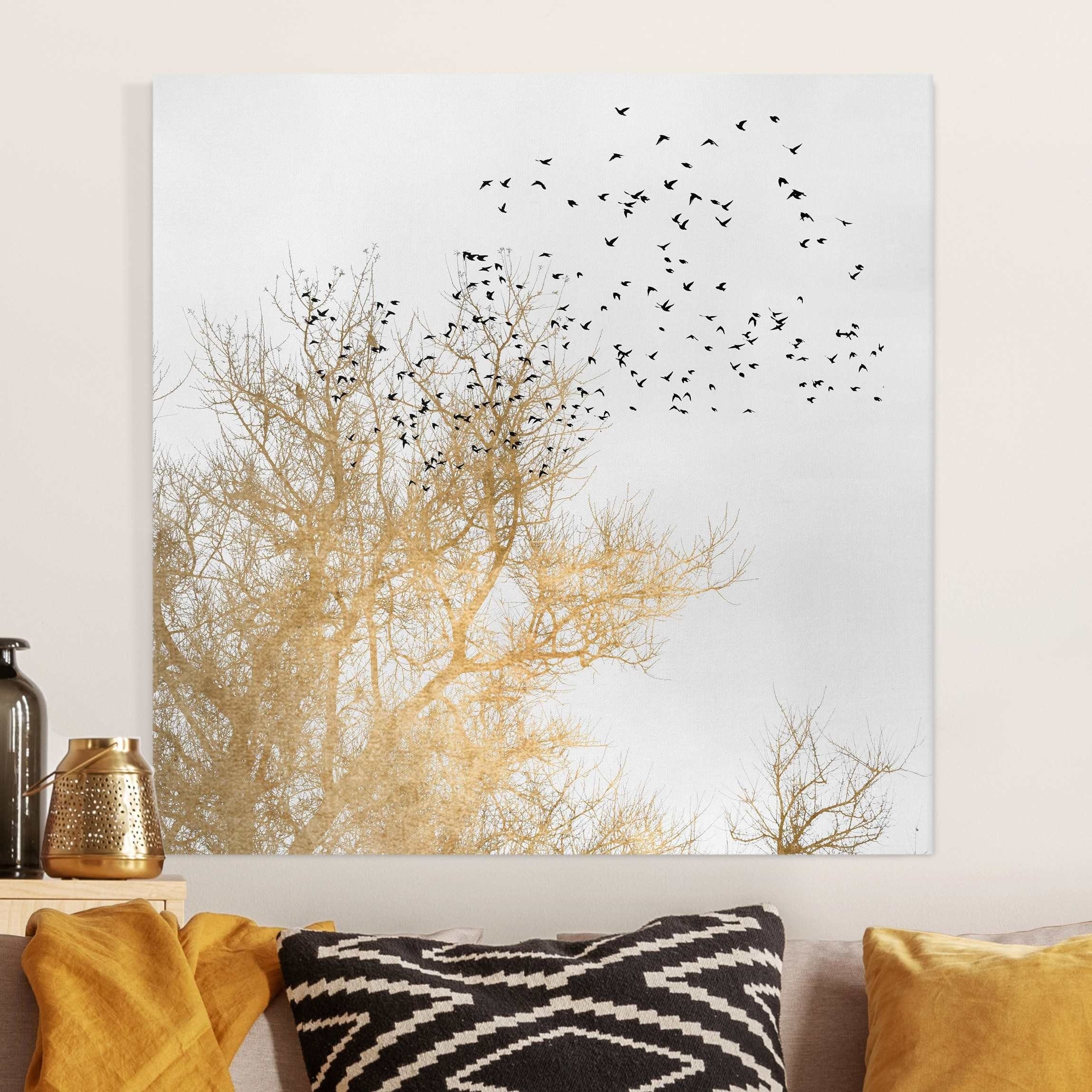 Bilderdepot24 Leinwandbild Kunstdruck Vogelschwarm vor goldenem Baum gold Bild auf Leinwand XXL, Bild auf Leinwand; Leinwanddruck in vielen Größen | Leinwandbilder
