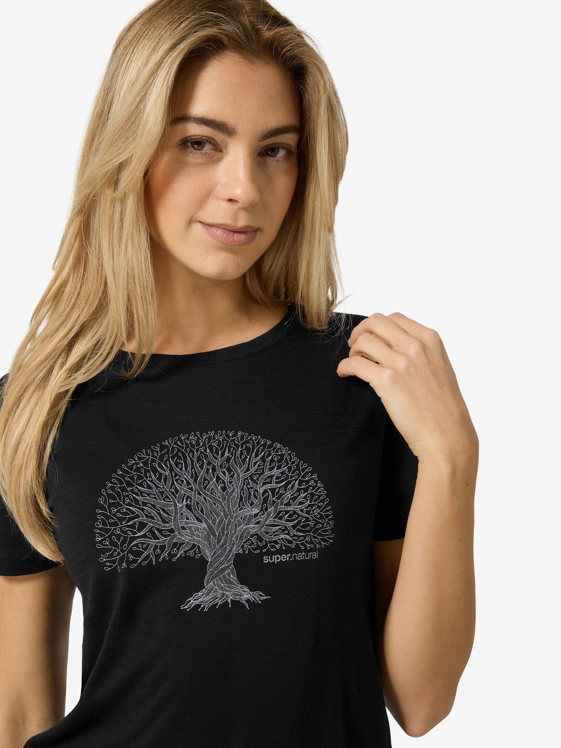 SUPER.NATURAL Print-Shirt Merino T-Shirt W TREE OF KNOWLEDGE TEE geruchshemmender Merino-Materialmix