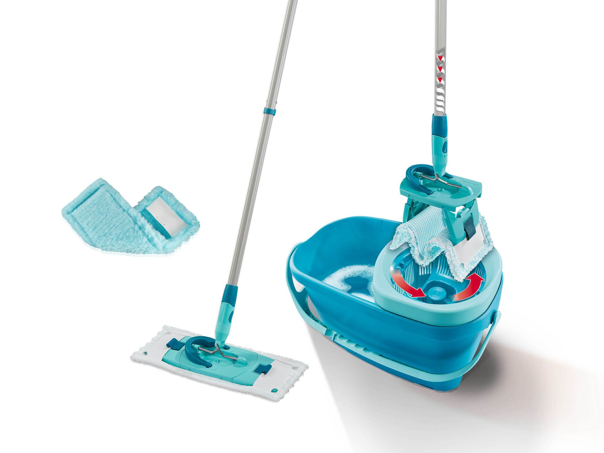 Leifheit Bodenwischer-Set Set CLEAN TWIST M Ergo (micro duo) + duster static, (5-St), Drill-Stiel-Mechanik, Wischbezüge inkl., längenverstellbar (110-140cm)