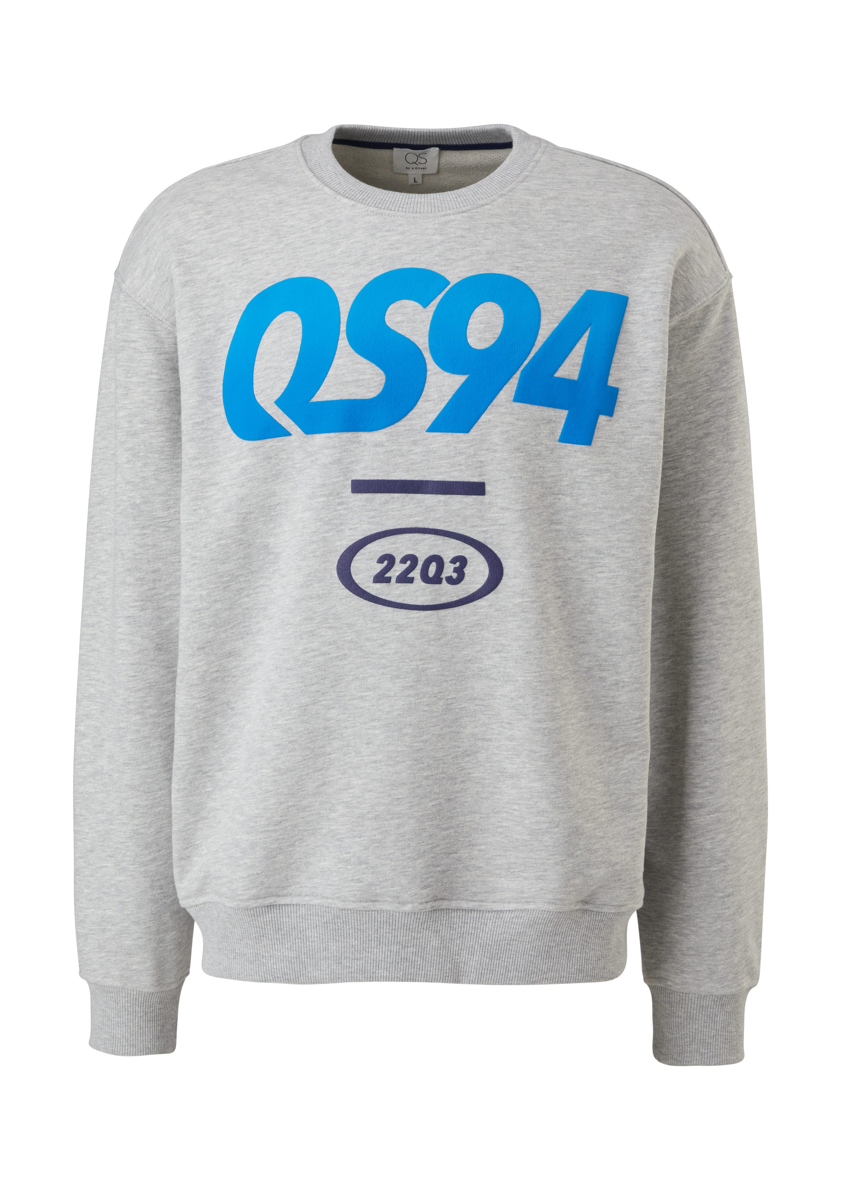 QS Rippbündchen meliert Sweatshirt mit Sweatshirt Rippblende, Frontprint grau