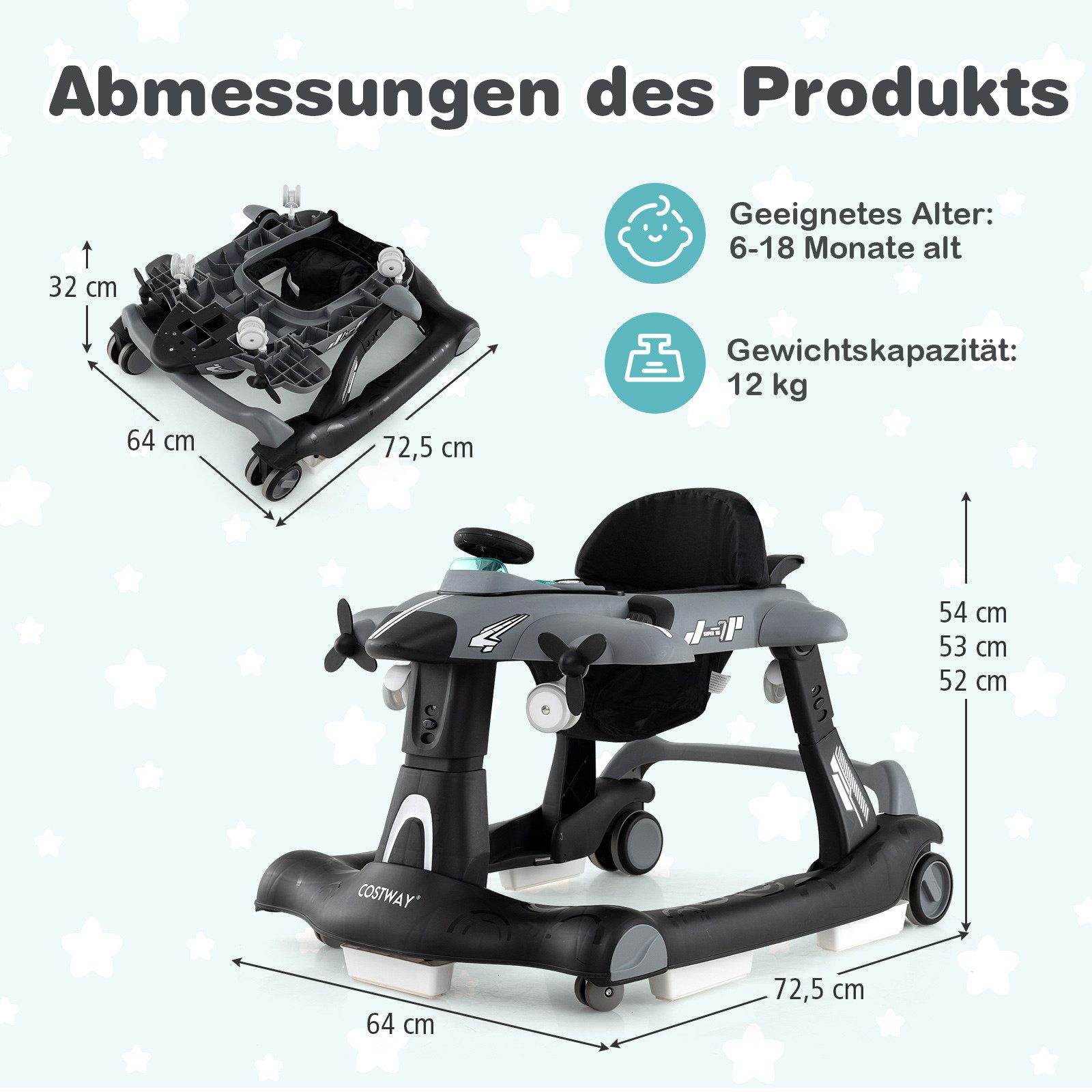 COSTWAY Lauflernhilfe, 6 in 1 mit abnehmbarer Spieluhr, Licht, ab 6 Monaten günstig online kaufen