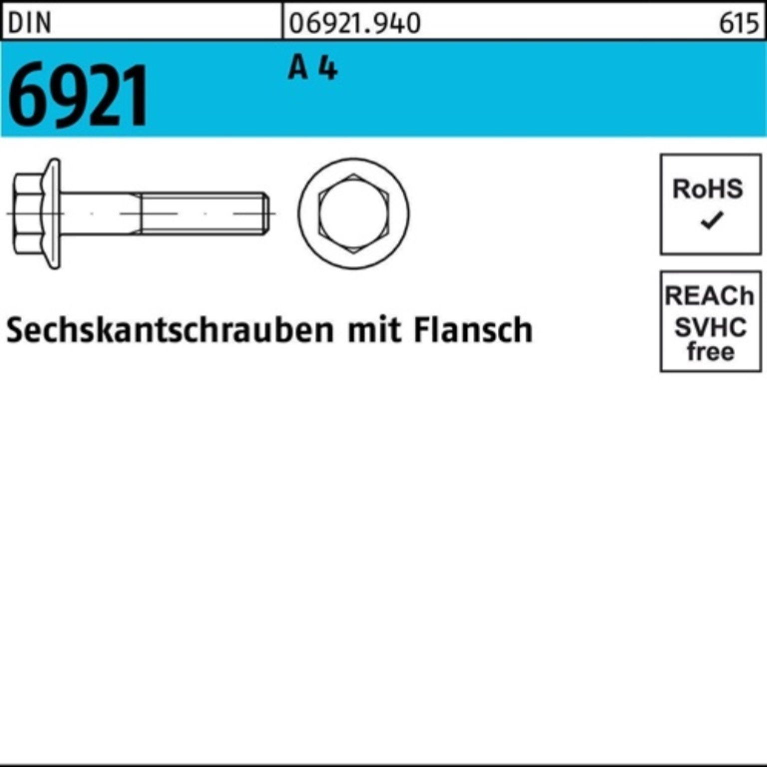 Reyher Sechskantschraube 100er Pack Sechskantschraube DIN 6921 Flansch M10x 30 A 4 100 Stück D