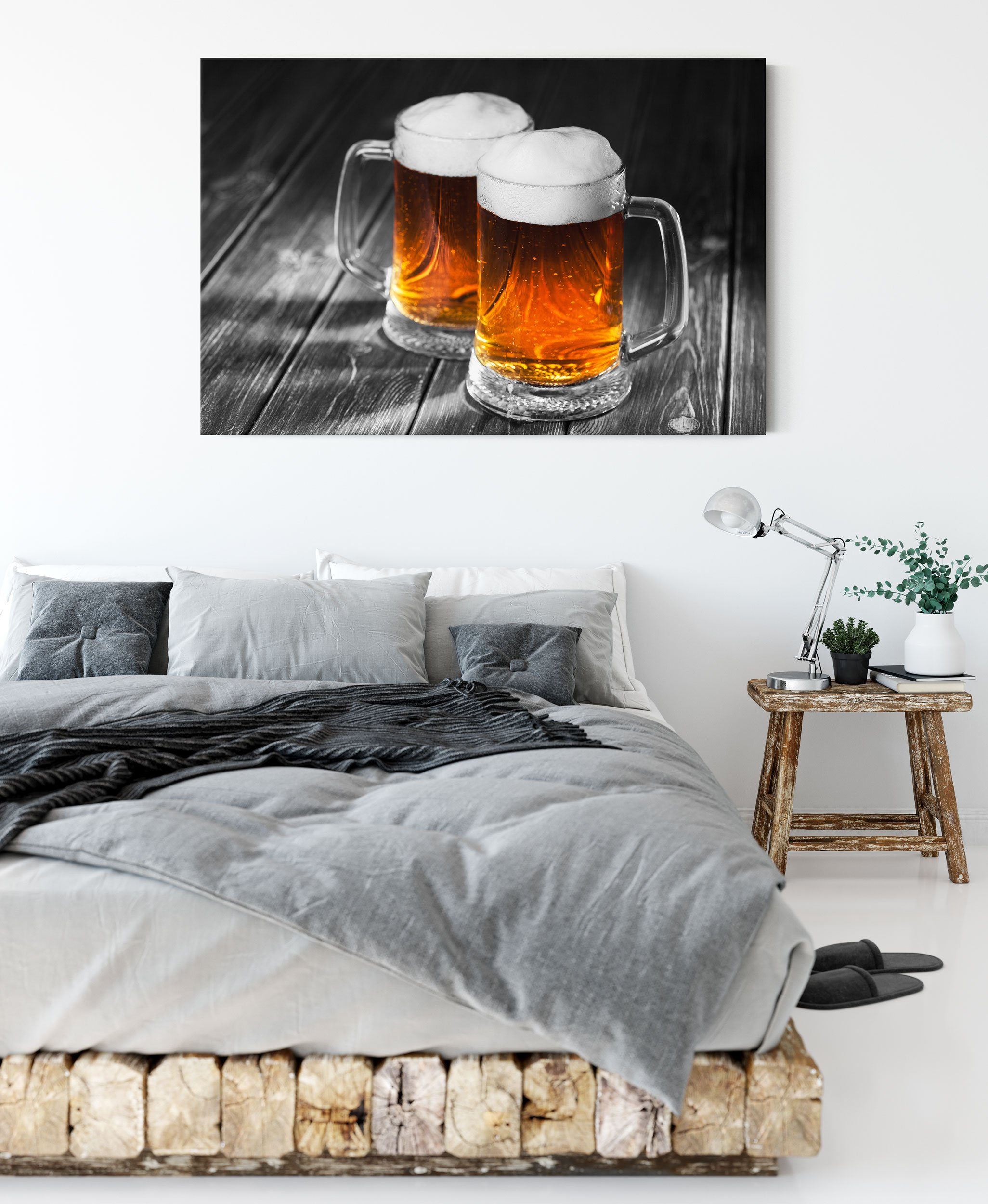 Bier, Maßkrüge inkl. Zackenaufhänger (1 Leinwandbild Maßkrüge Zwei Bier St), Zwei Pixxprint fertig bespannt, Leinwandbild