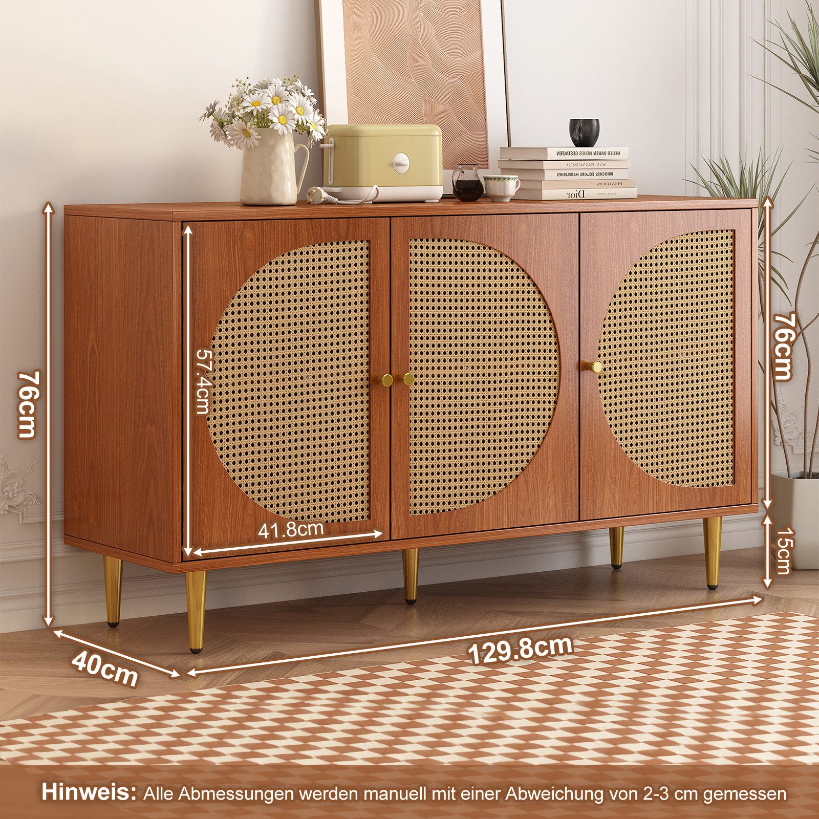 Yorbay Wohnzimmer-Set Sideboard + Schuhschrank Kombination aus Rattan, Walnussfarben