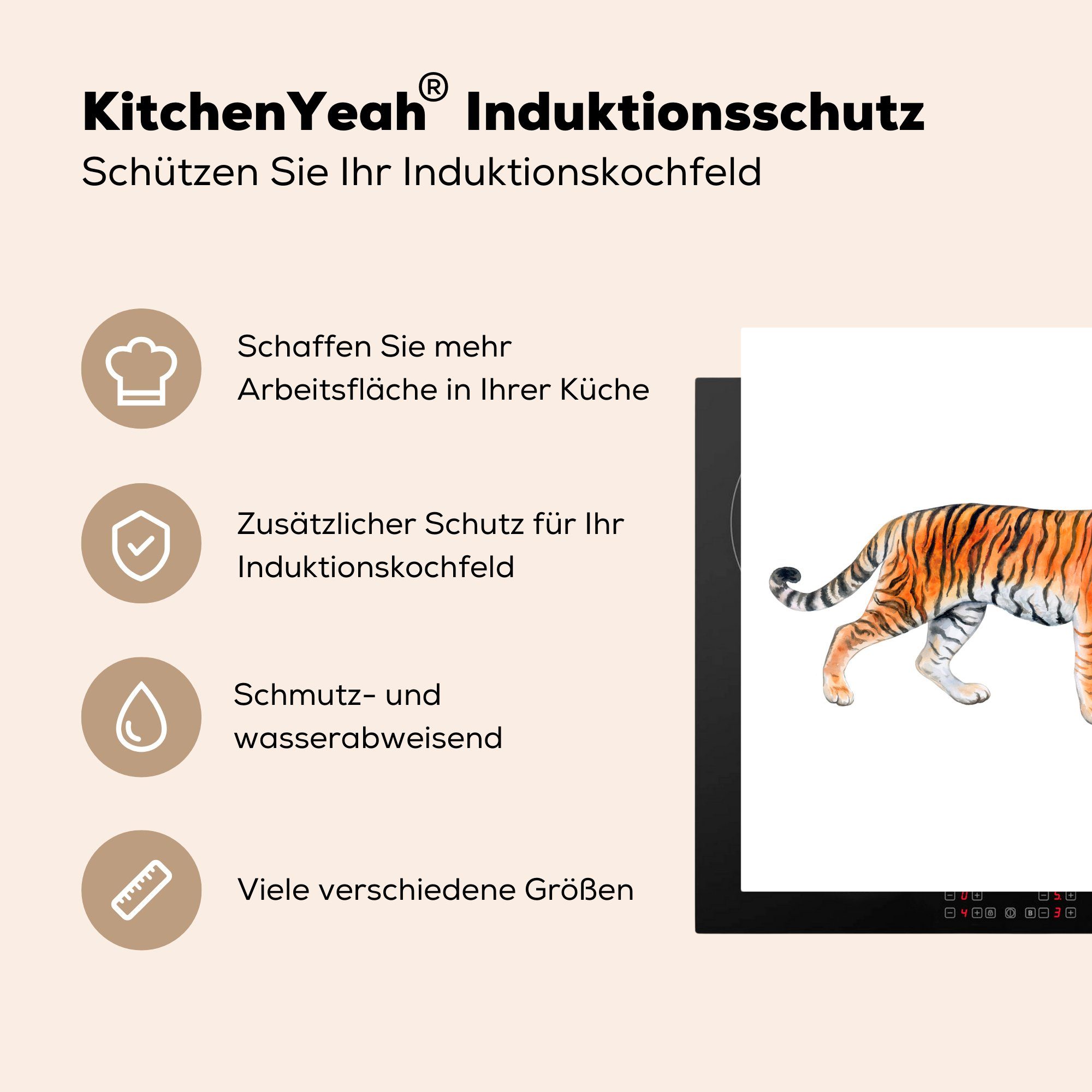 Tiger cm, (1 - 78x78 tlg), Vinyl, MuchoWow Arbeitsplatte für küche - Herdblende-/Abdeckplatte Orange Schwarz, Ceranfeldabdeckung,