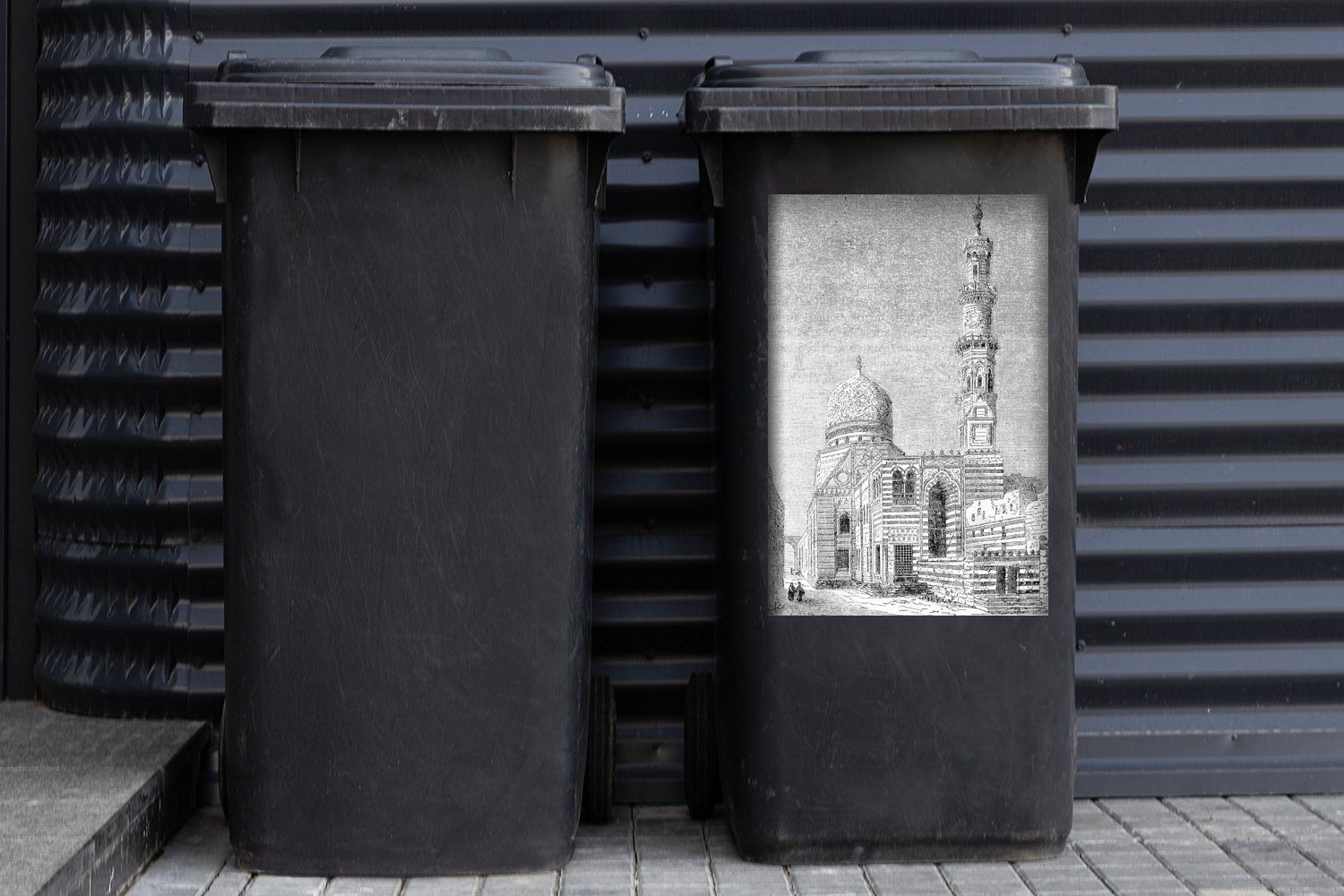 Wandsticker Sticker, St), in MuchoWow Container, Kairo Schwarz-Weiß-Abbildung (1 Mülltonne, Emir Qurqumas-Komplexes Abfalbehälter des Mülleimer-aufkleber,