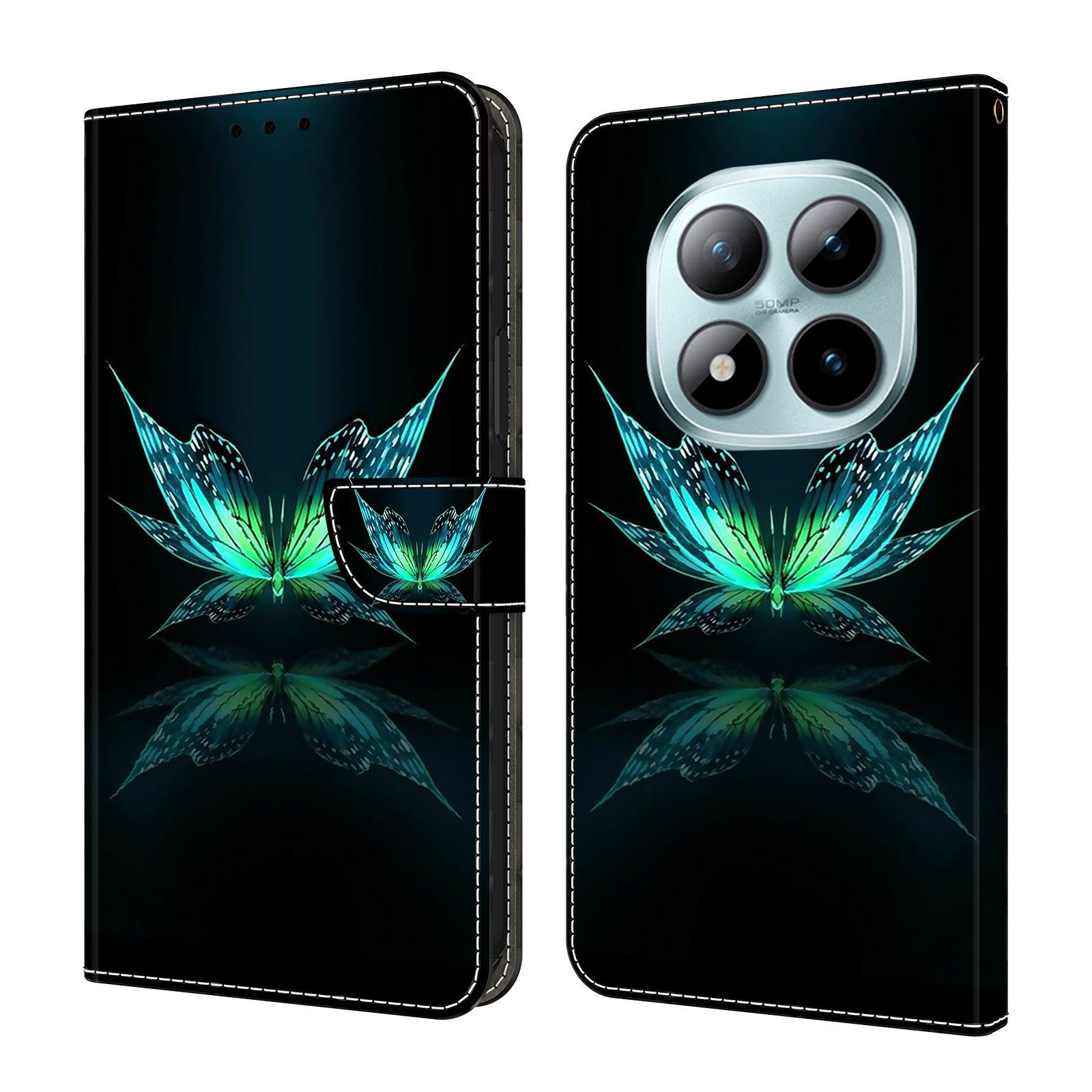CLM-Tech Handytasche für Xiaomi Redmi Note 15 Pro 5G 6,83 Zoll Klapphülle aus PU-Leder (schwarz türkiser Schmetterling, 1-tlg., Flip Case), Magnetverschluss, Standfunktion und Kartenfächer