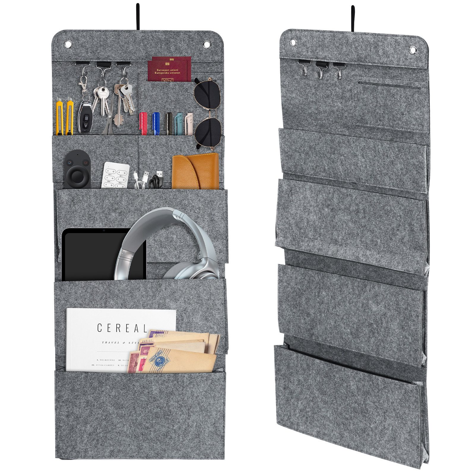 BlingBin Hängeaufbewahrung 2 Stück Hängeorganizer Aufbewahrungstaschen aus Filz, Klappbar (2er Set, 2 St., 2tlg Organizer zum Hängen 6 Fächer 3 Haken), Wand Organizer Große Kapazität Hängend Tasche für Türen, Flure, Büro