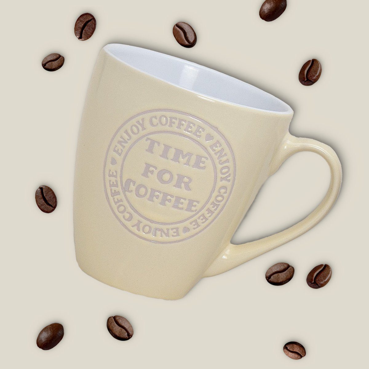 matches21 HOME & HOBBY Tasse Grosse Kaffeetassen 6er Set einfarbig mit Spruch Coffee Time, 6-tlg., Keramik, Tee Kaffee-Becher, modern, grau beige cremefarben, 400 ml