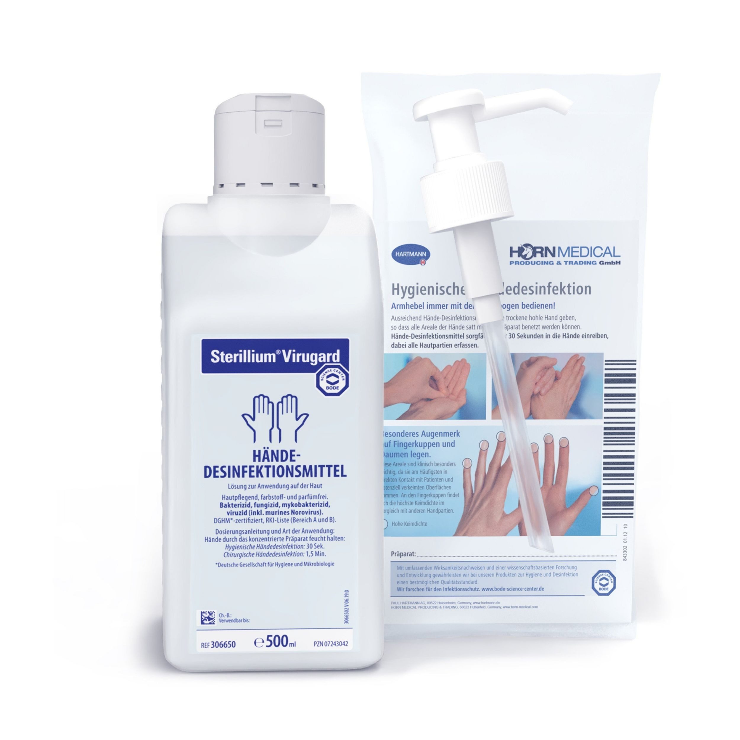 PAUL HARTMANN AG Horn Medical Dosierpumpe mit Sterillium Virugard 500ml Hand-Desinfektionsmittel (farbstoff- & parfümfrei, [-5-St. Hochwirksame Desinfektionslösung wirkt sofort bis zu 6h geg. Hefepilze, Bakterien, Viren)