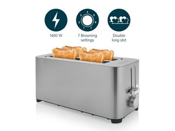 PRINCESS Toaster, 2 lange Schlitze, 1400 W, 4 Scheiben Edelstahl Toastmaschine Toster schmal mit Brötchenaufsatz