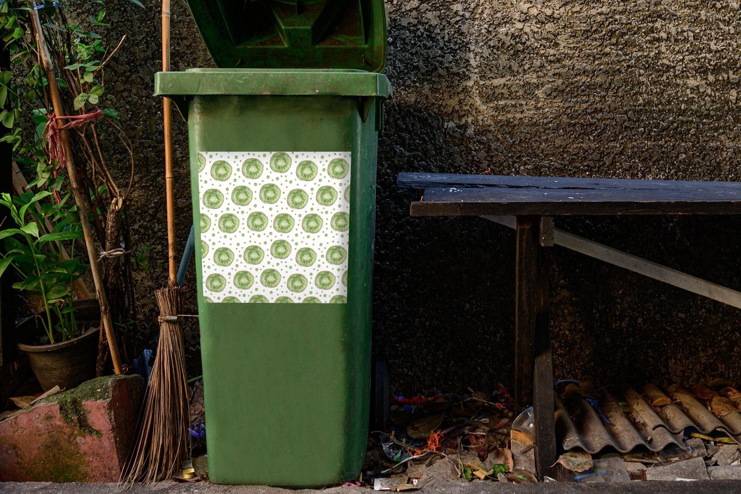 Mülltonne, Sticker, Wandsticker Kiwi St), - - Schablonen Container, Mülleimer-aufkleber, Aquarell (1 MuchoWow Abfalbehälter
