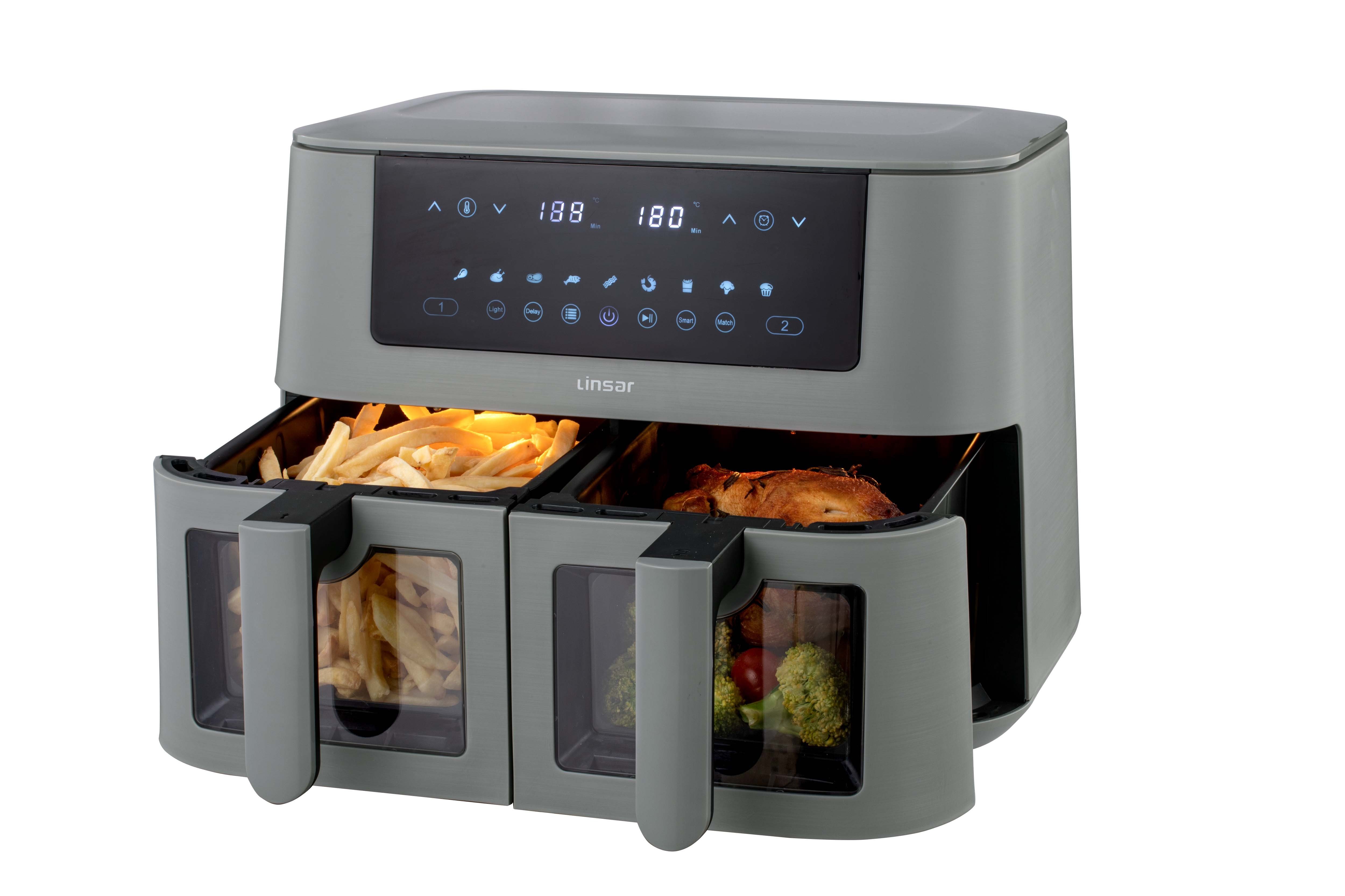 Linsar Heißluftfritteuse Doppelkammer, Air Fryer 2 Fächer, Touchscreen, 9 Progamme, 3000,00 W, XXL, mit Sichtfenster