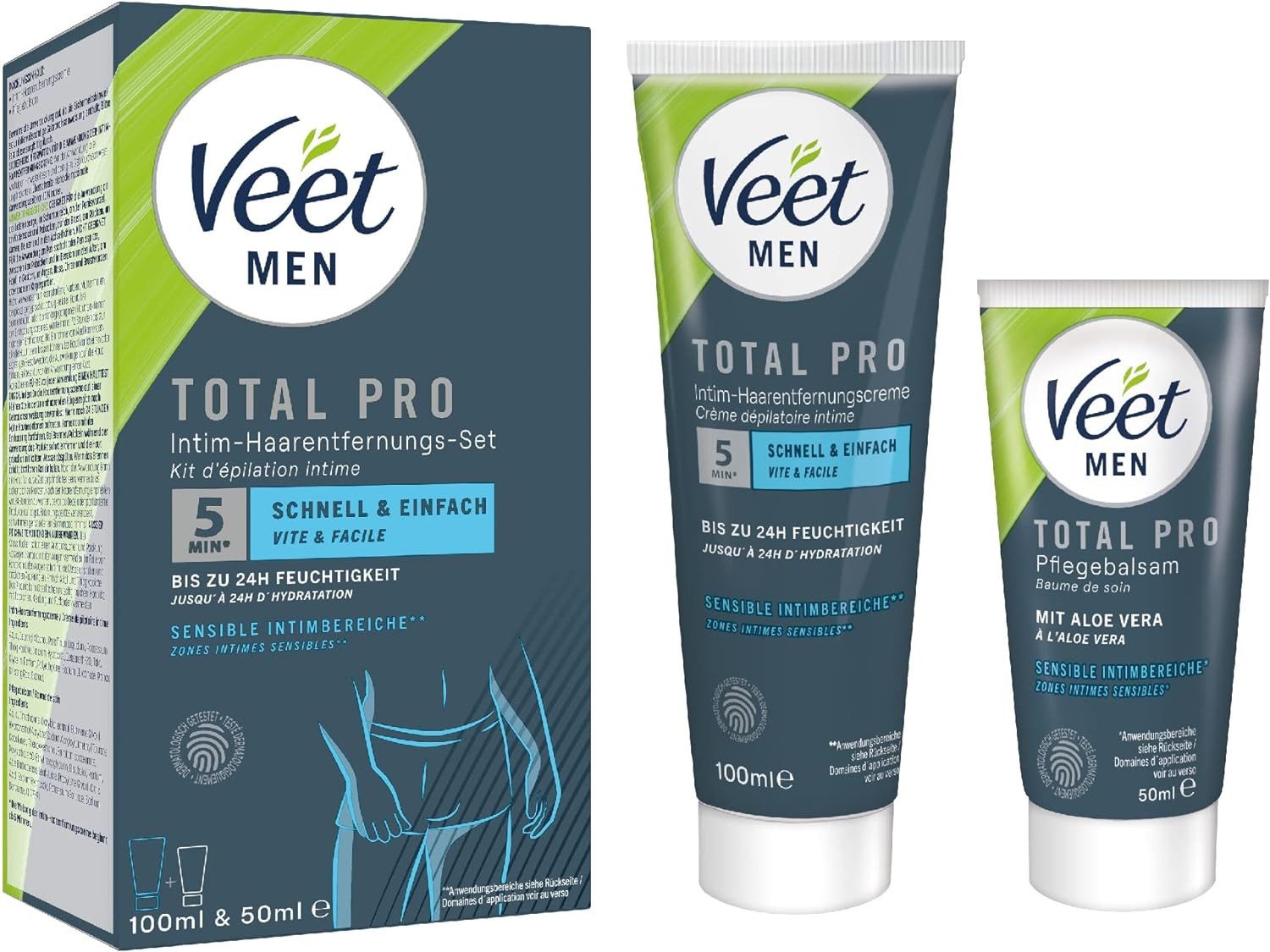 Veet MEN Enthaarungscreme (100 ml) & Pflegebalsam (50 ml), Intim-Haarentfernungs-Set, 2 St., - schnell & einfach