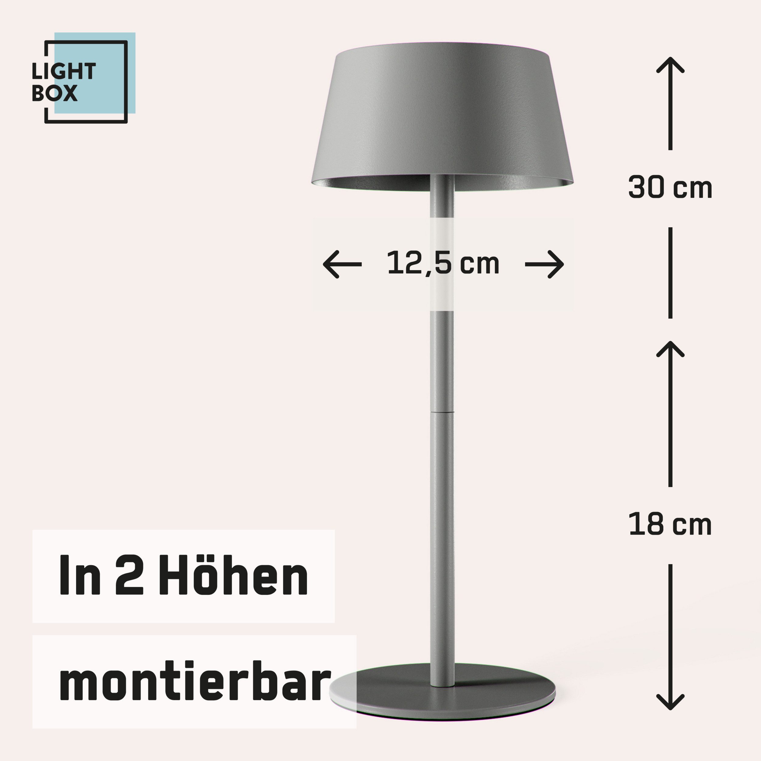 Lightbox Tischleuchte, LED fest integriert, Warmweiß, LED Außen Tischlampe, Solar, 3 Stufen Dimmer, 30cm, Ø13cm, 300lm, grau
