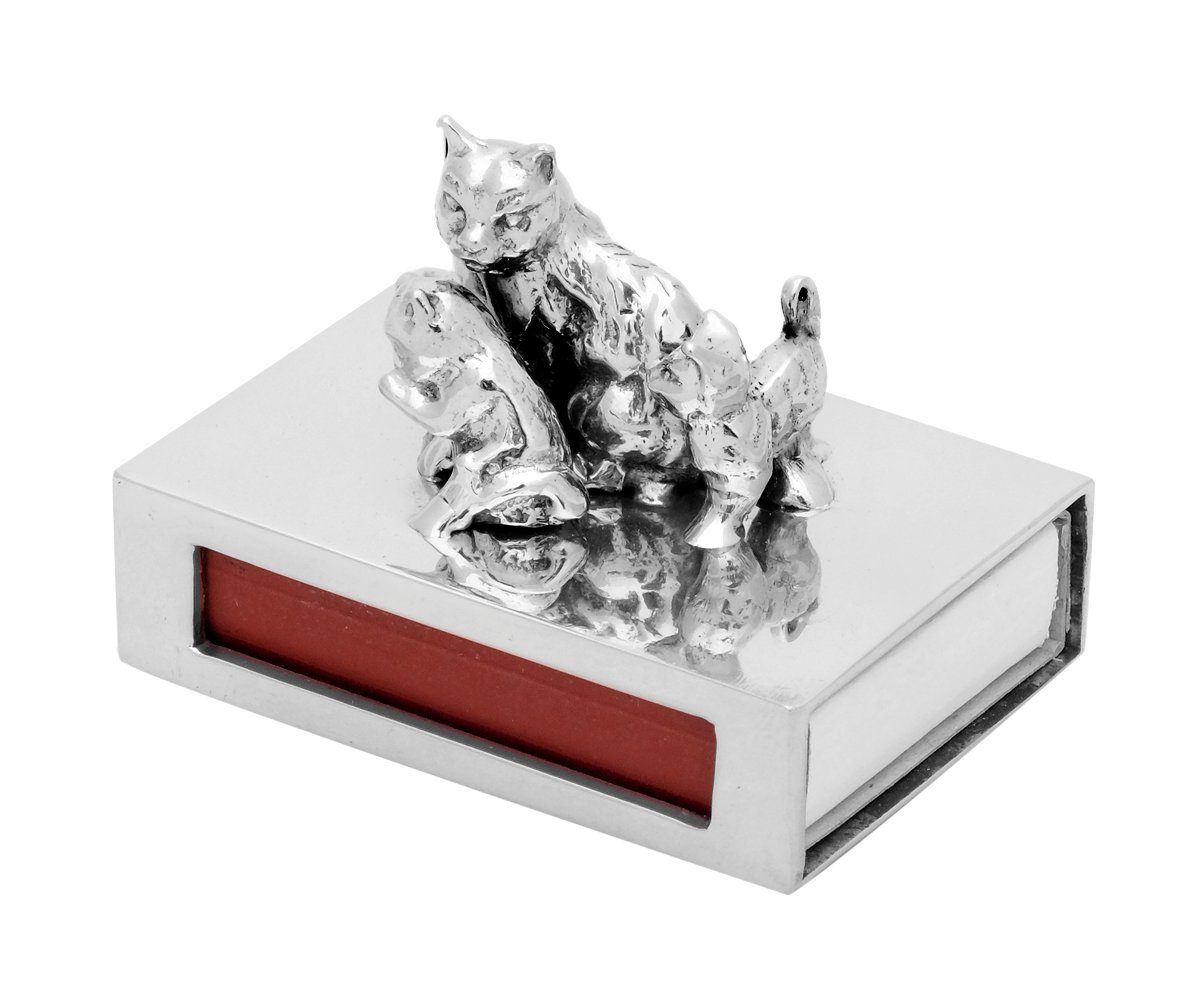 Brillibrum Etui Edle Streichholz-Box Figur aus Metall Streichholzschachtel mit mit Zündhölzer dekorativer Katzen 4 Zinn