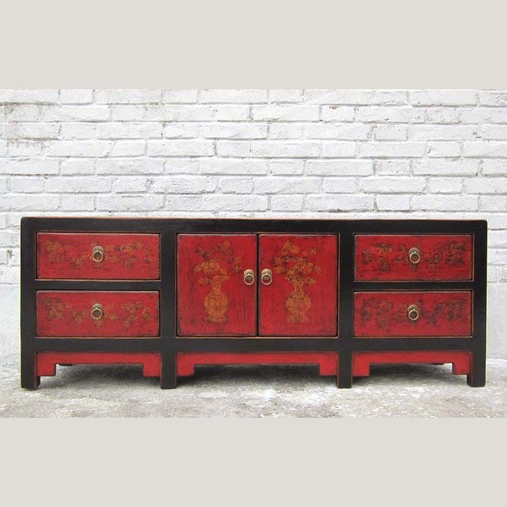 Luxury-Park-Direct Kommode China Lowboard flache Anrichte ideal fuer Flachbildschirm Pinie schwar