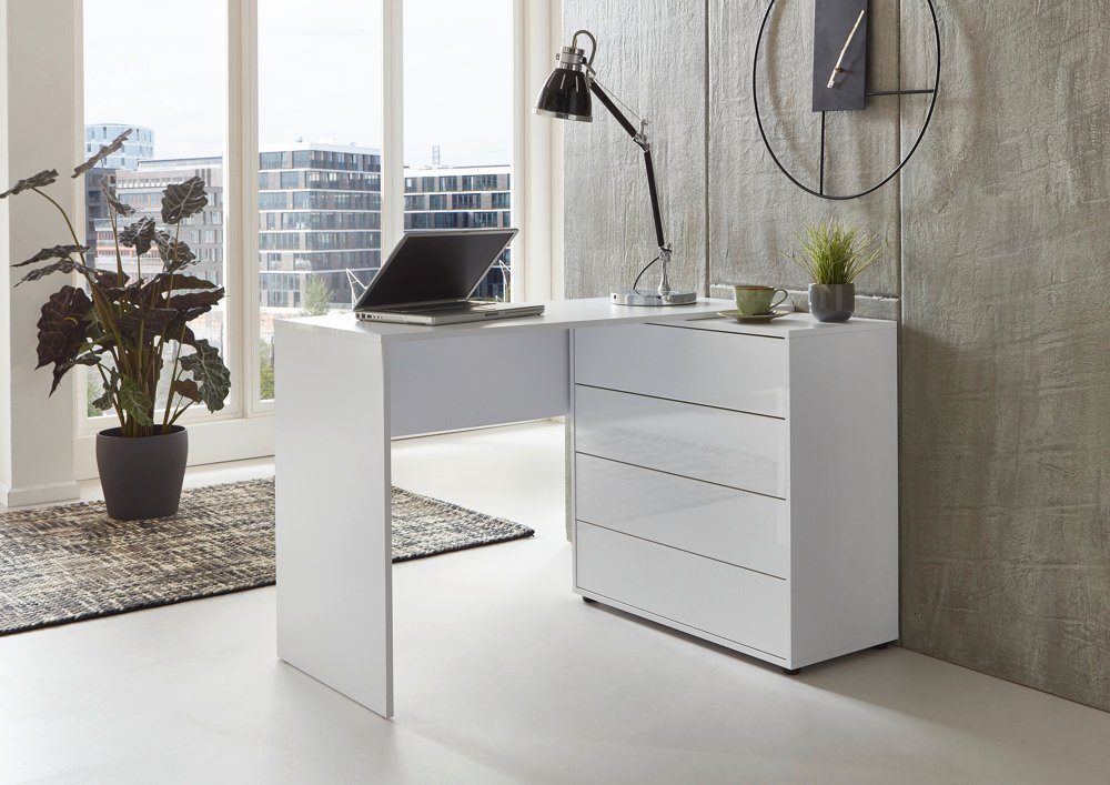 moebel-dich-auf Schreibtisch BEN 3 (Home-Office, in verschiedenen Farben), Push-to-open-Funktion weiß / weiß Hochglanz