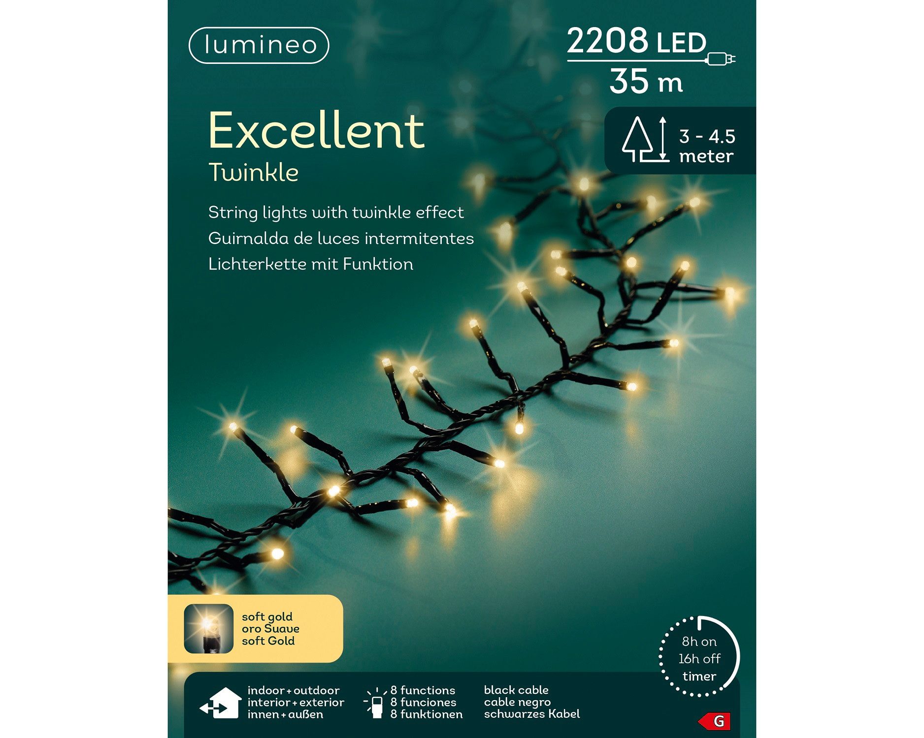 Lumineo LED-Lichterkette Lumineo Lichterkette EXCELLENT TWINKLE 2208 LED 35 m Soft Gold schwarz, Indoor/Outdoor, 8 Effekte, 8h-Timer, + 5 Meter Zuleitung