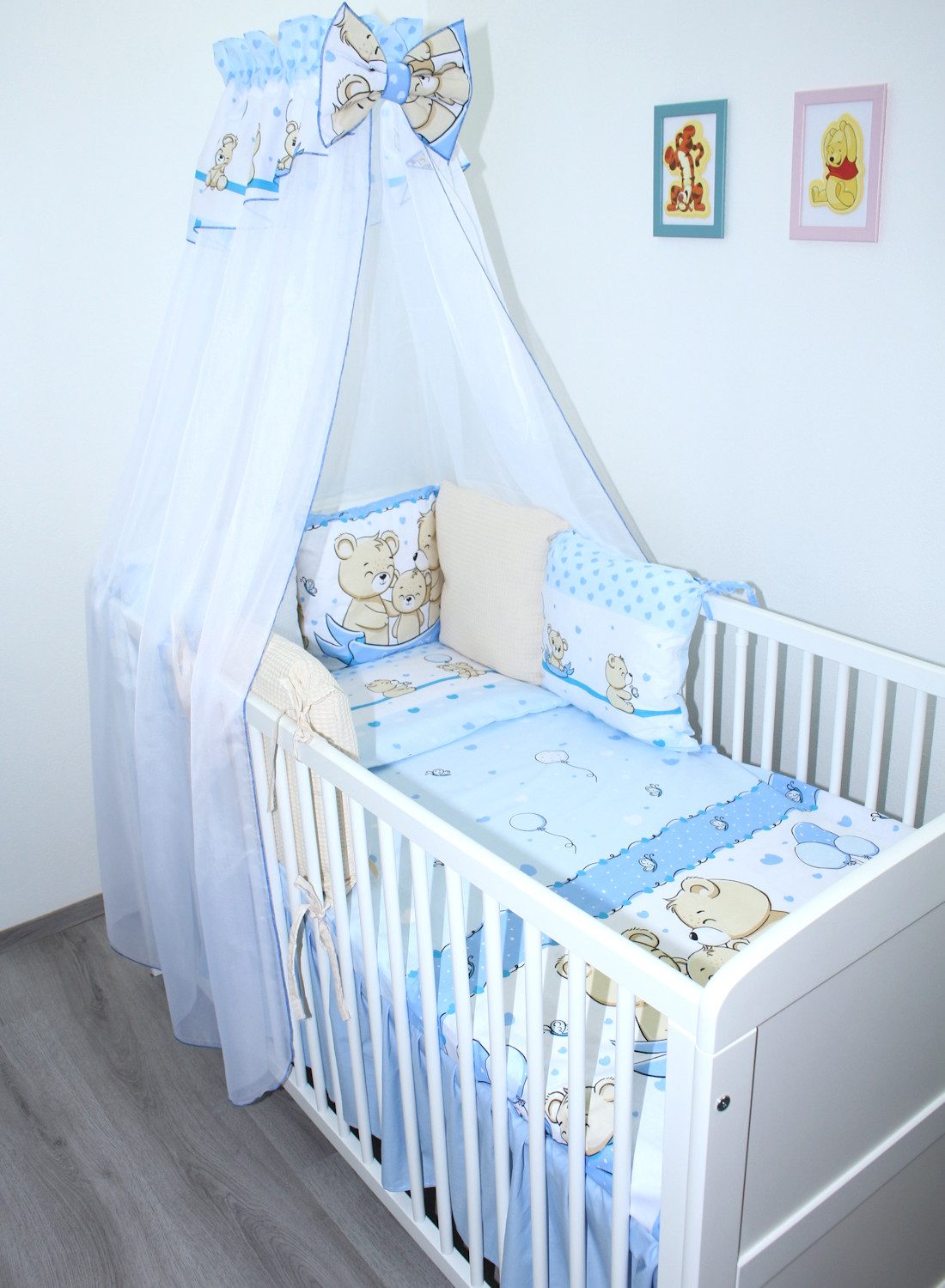 Primawela Babybettwäsche Bettwäsche Waffelpiqué Baby Bettset Kissen -Nestchen Chiffon Himmel, 5 teilig